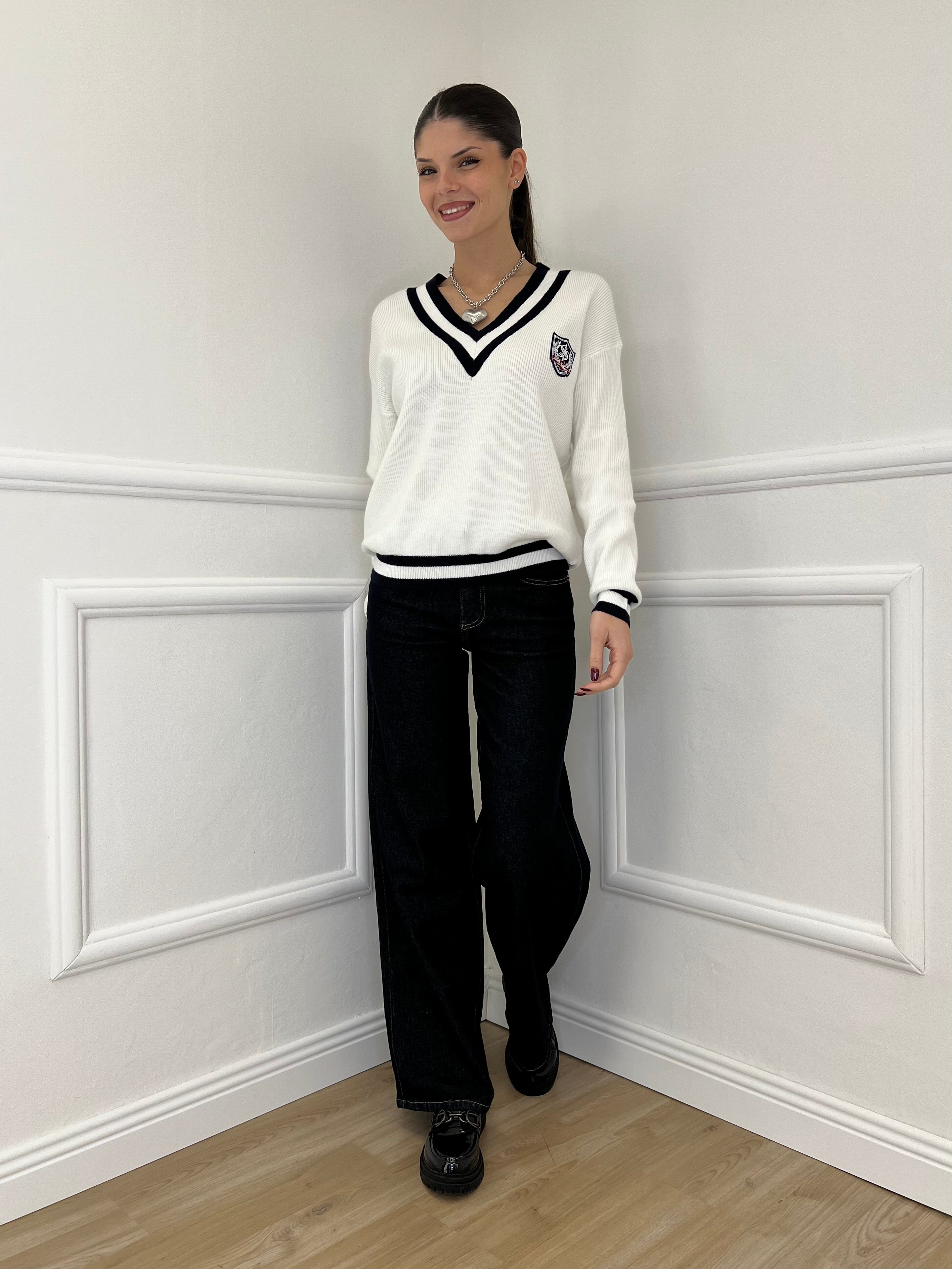 Maglia a V College 9574 Bianco