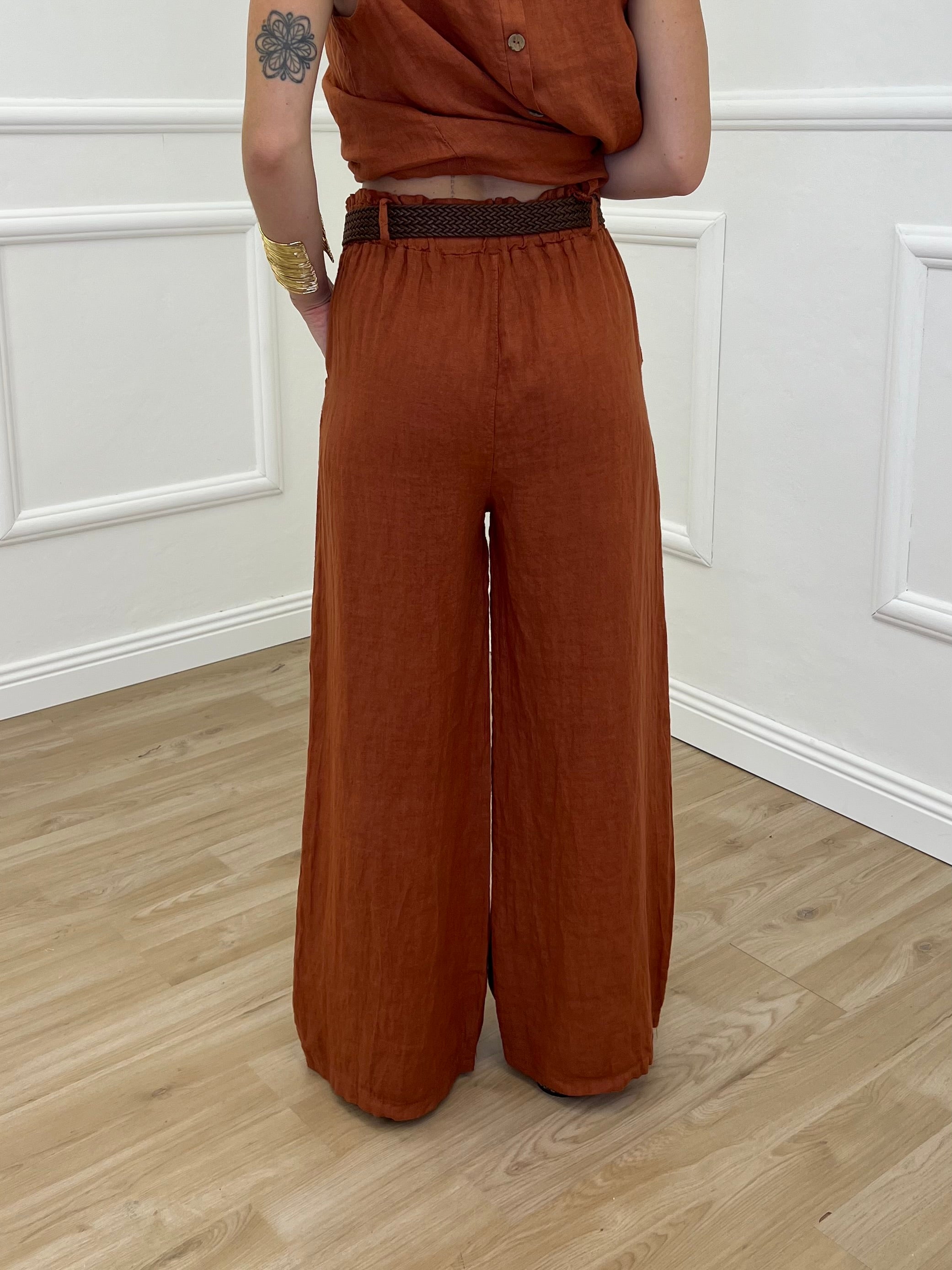 Pantalone Lino Cintura 02630 Mattone