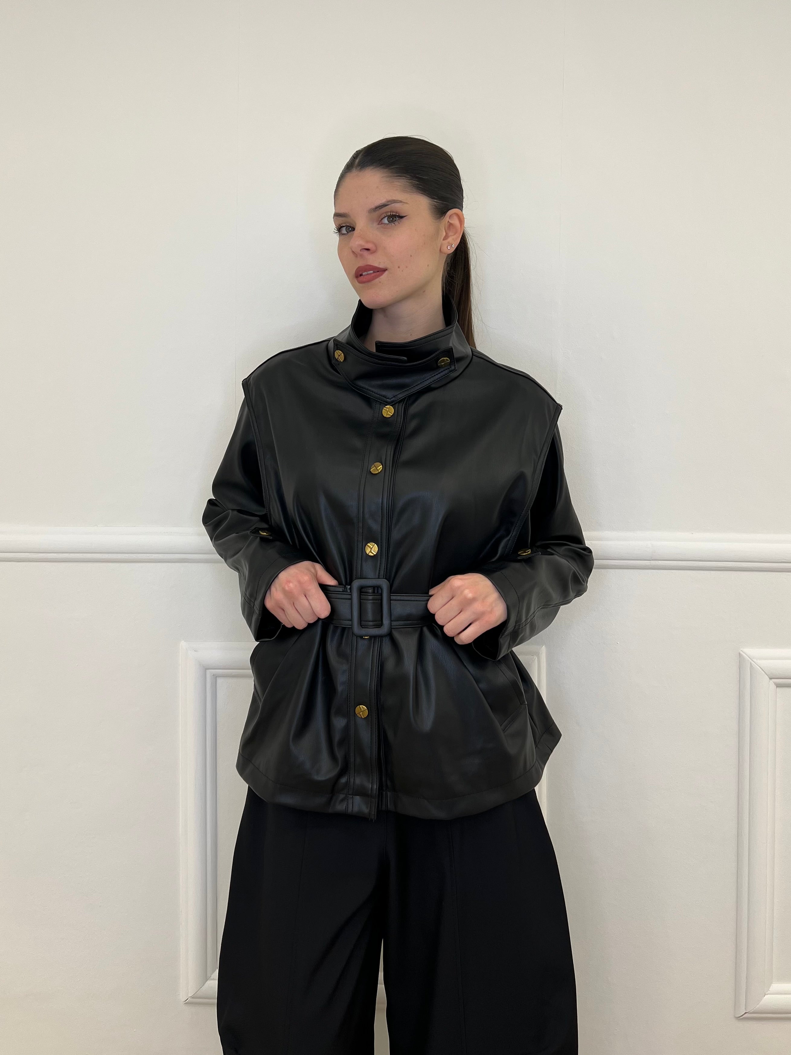 Giacca Over Eco Pelle Cintura 30197 Nero