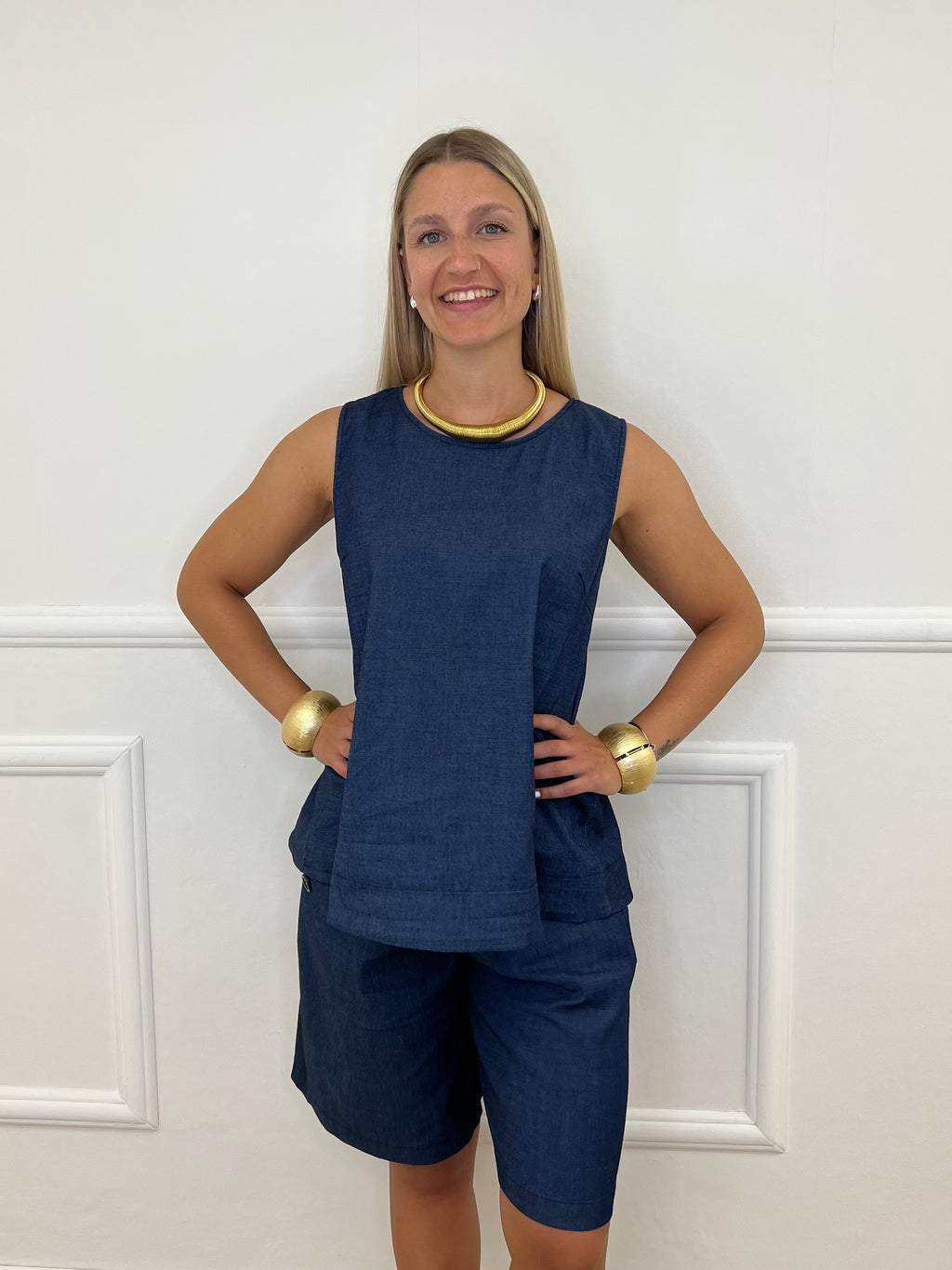Blusa Chambray Smanicata Bottoni 2543 Blu