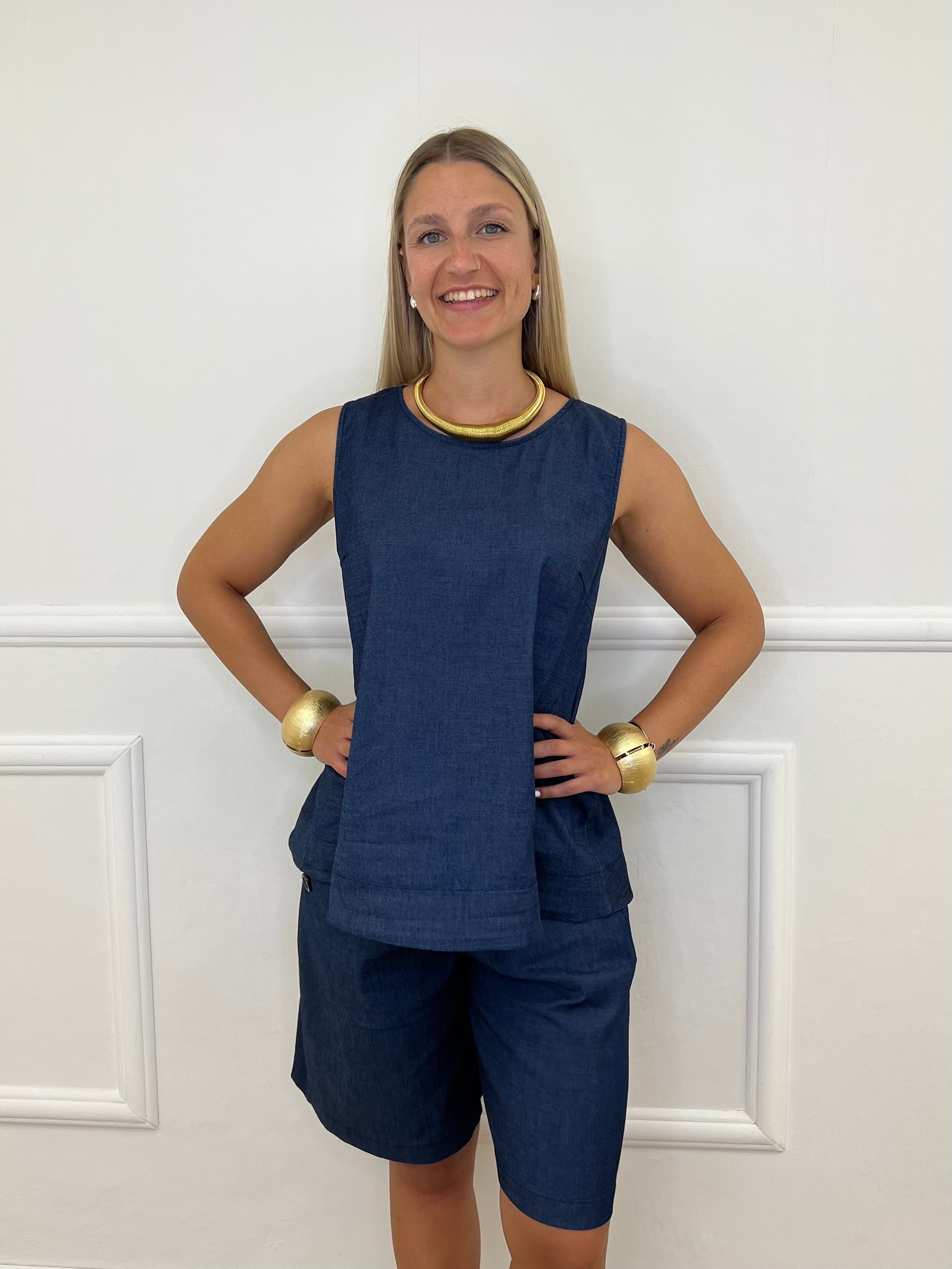 Blusa Chambray Smanicata Bottoni 2543 Blu