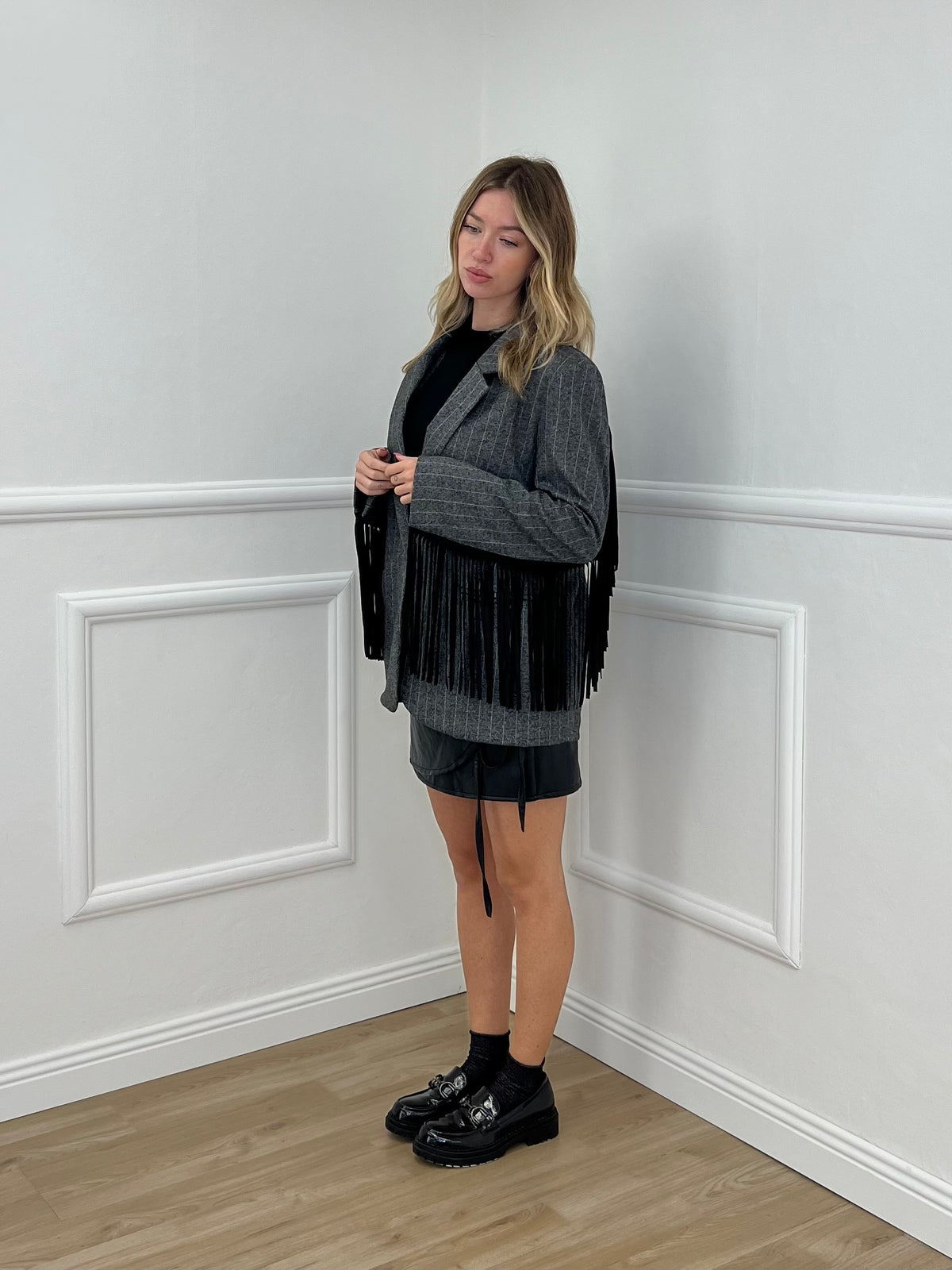 Blazer a Righe con Frange 4705 Grigio