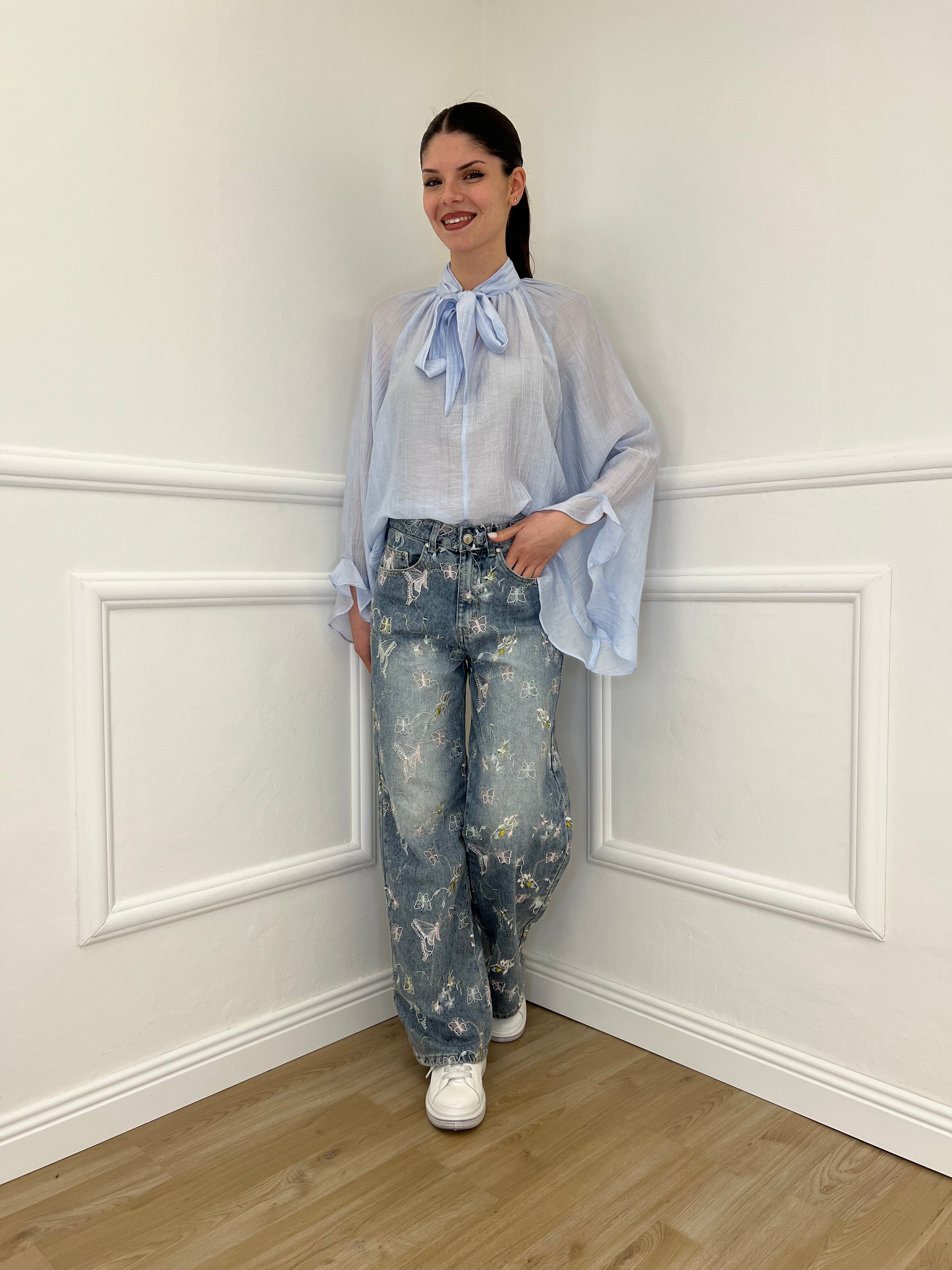 Camicia in Tencel con Fiocco 2608 Azzurro