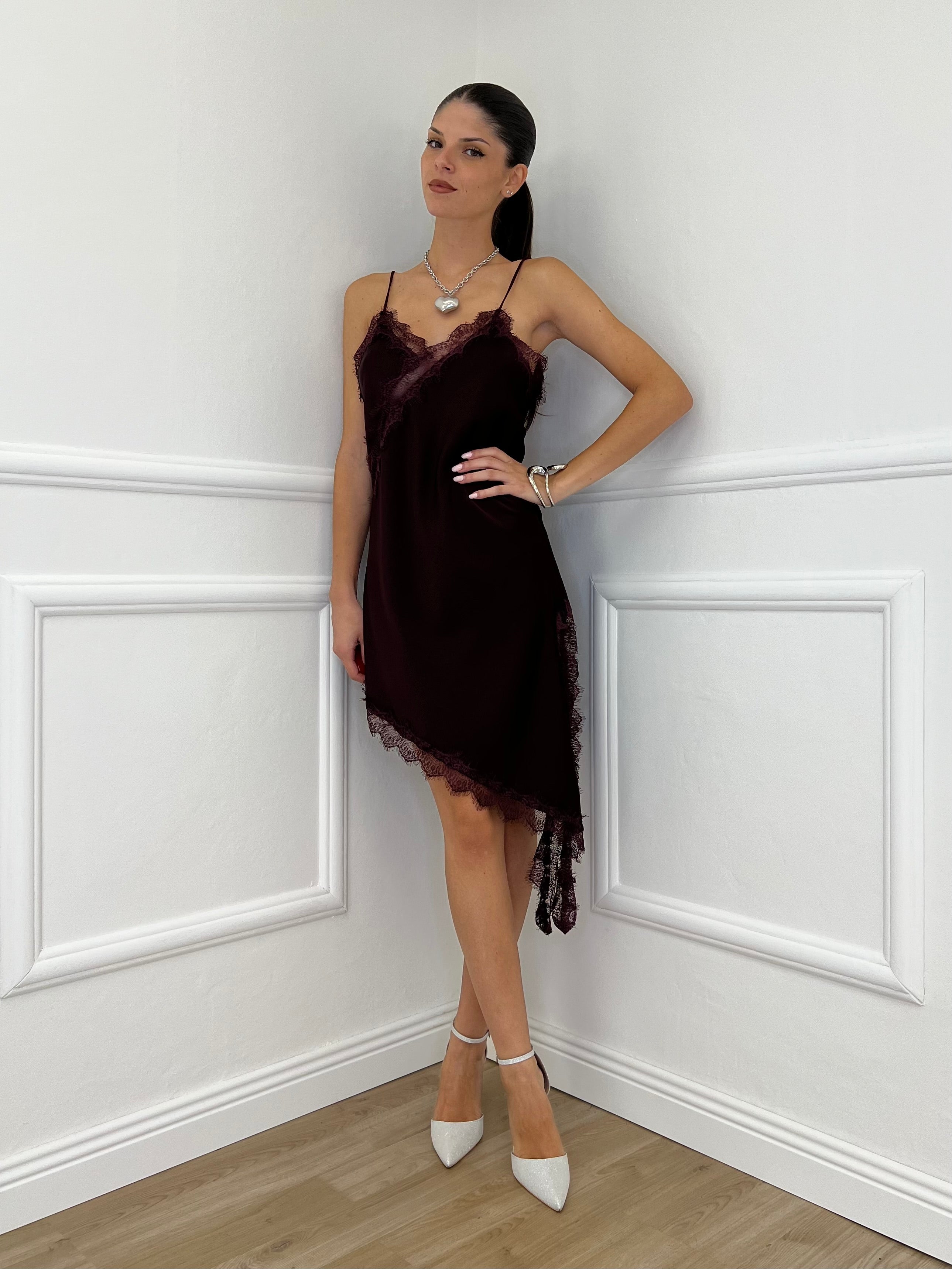 Vestito Asimmetrico Pizzo 19652 Burgundy