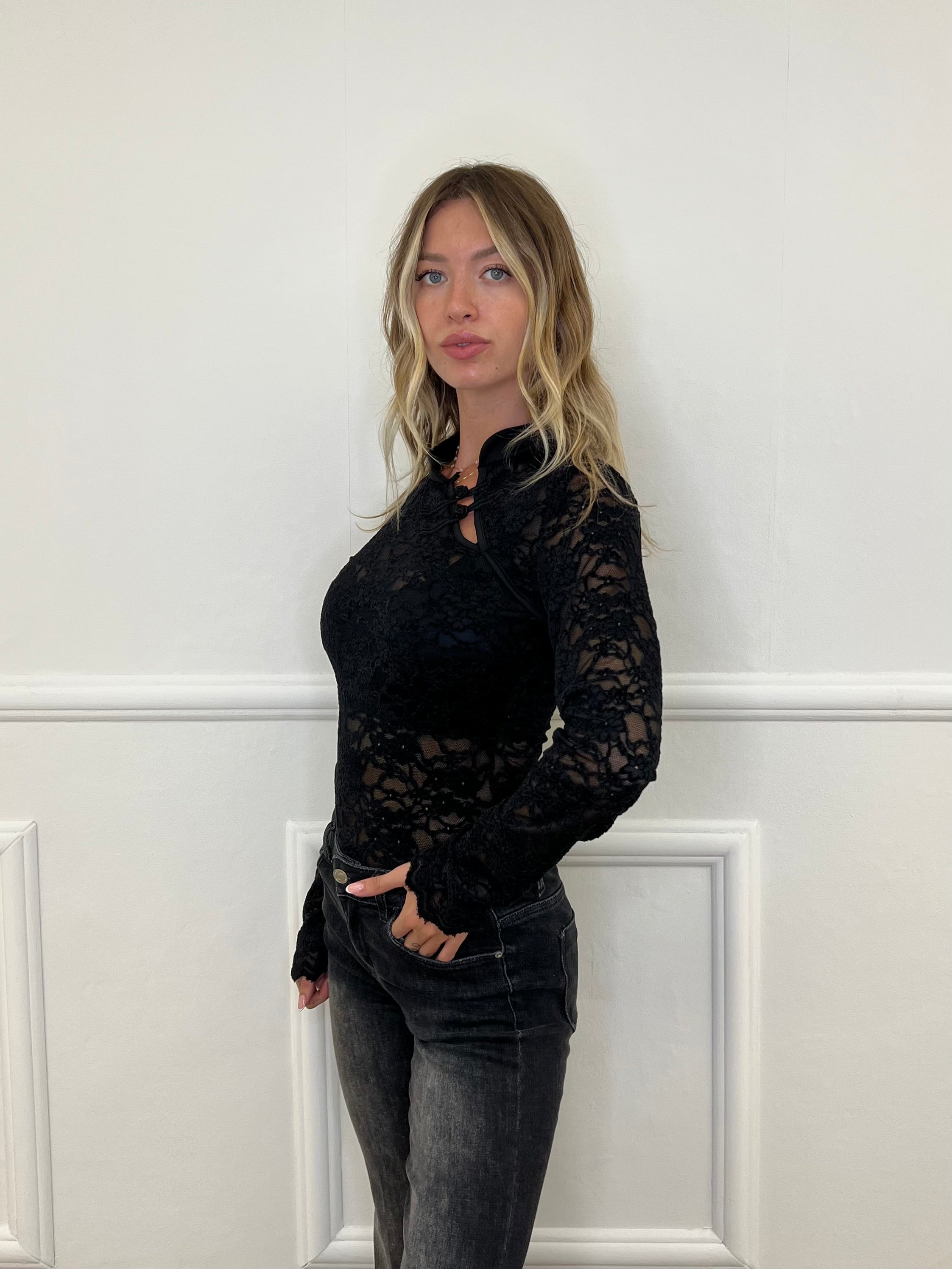Camicia Pizzo Alamari 12314 Nero