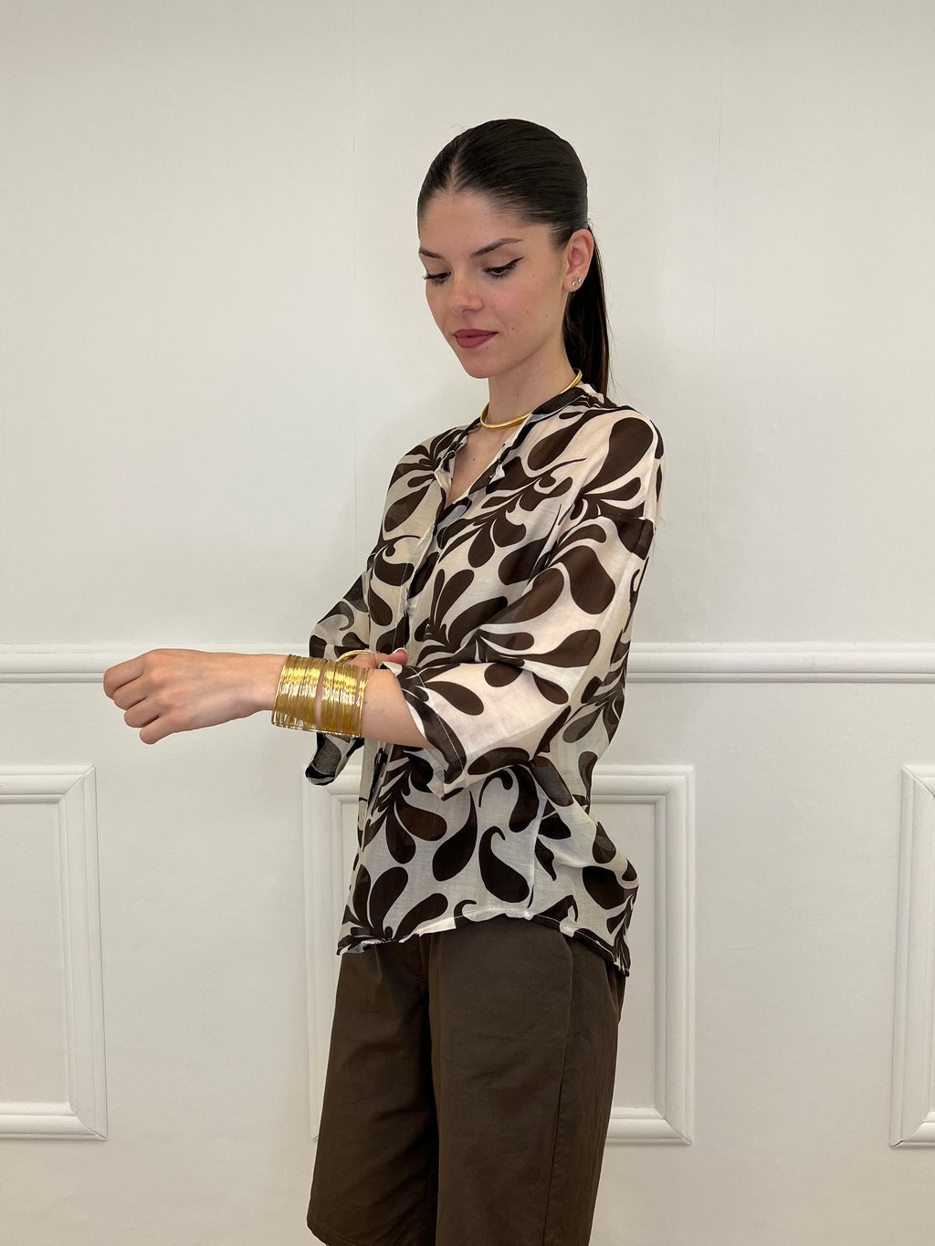 Camicia Fantasia Cotone e Seta 93-242-1 Marrone