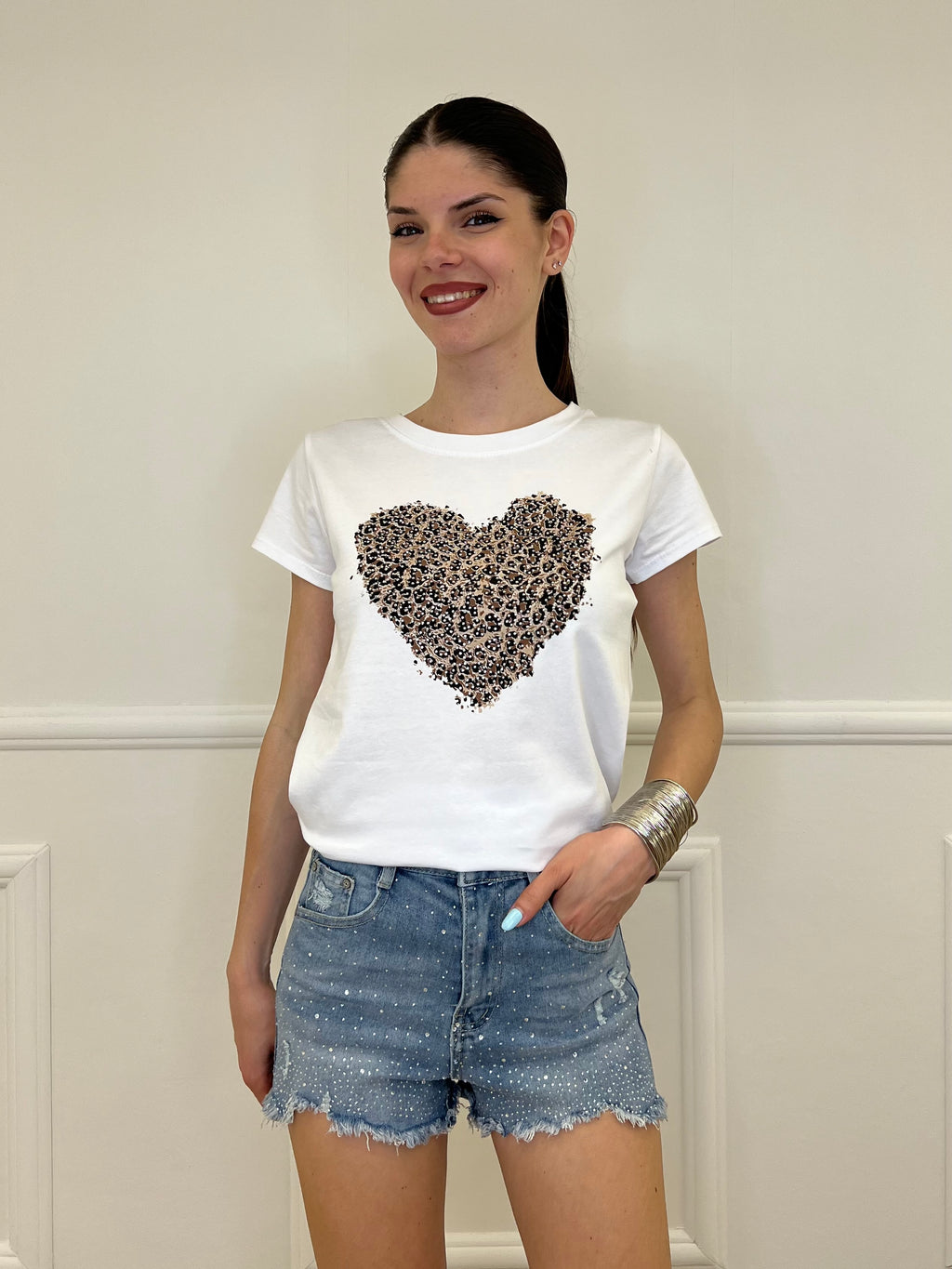 T-shirt Cuore Animalier Strass