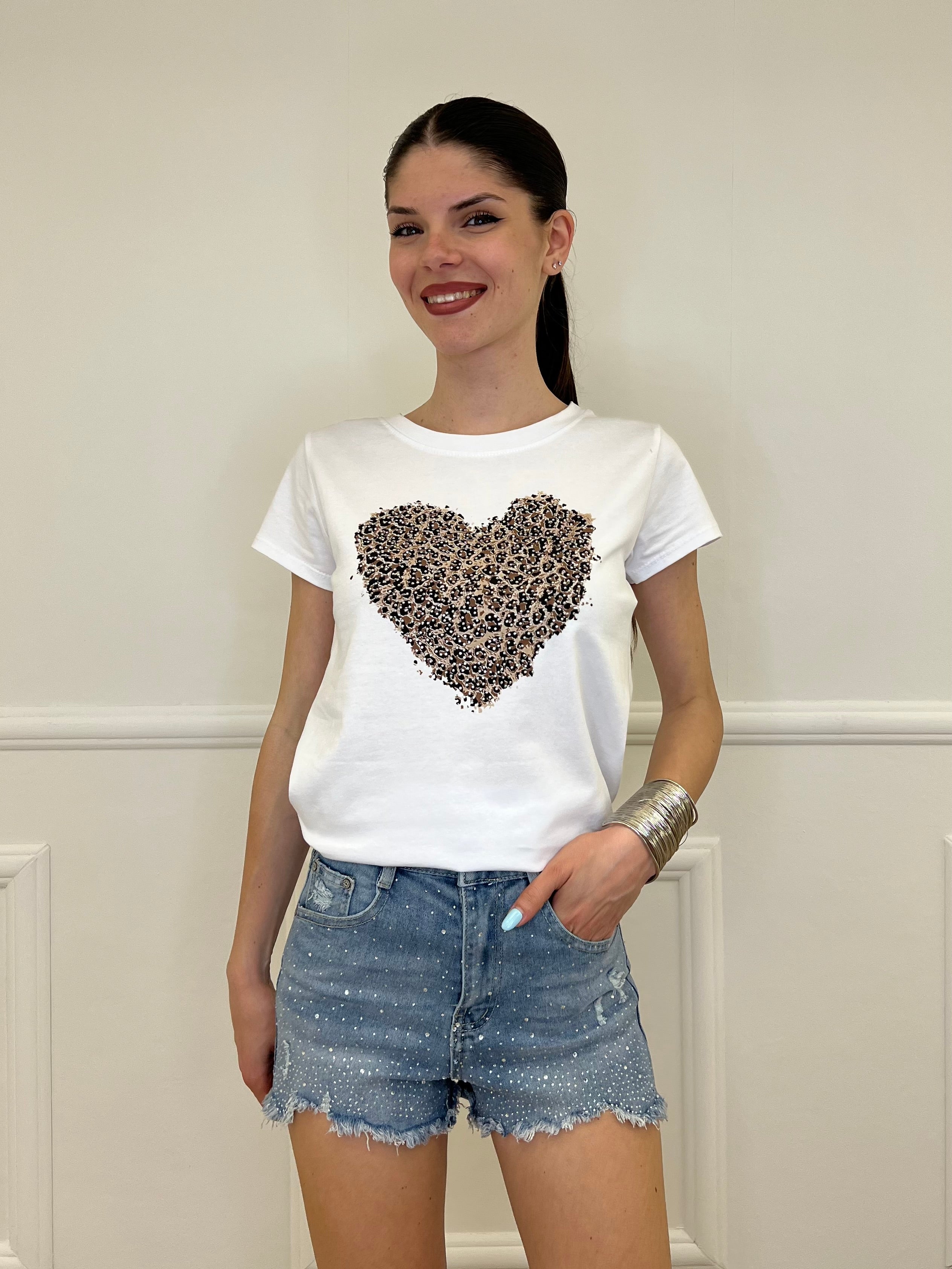T-shirt Cuore Animalier Strass