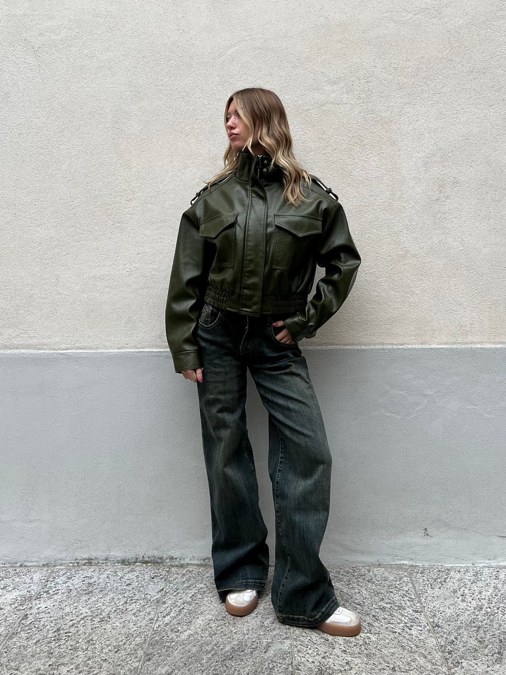 Bomber Crop Ecopelle Tasche 30346 Verde