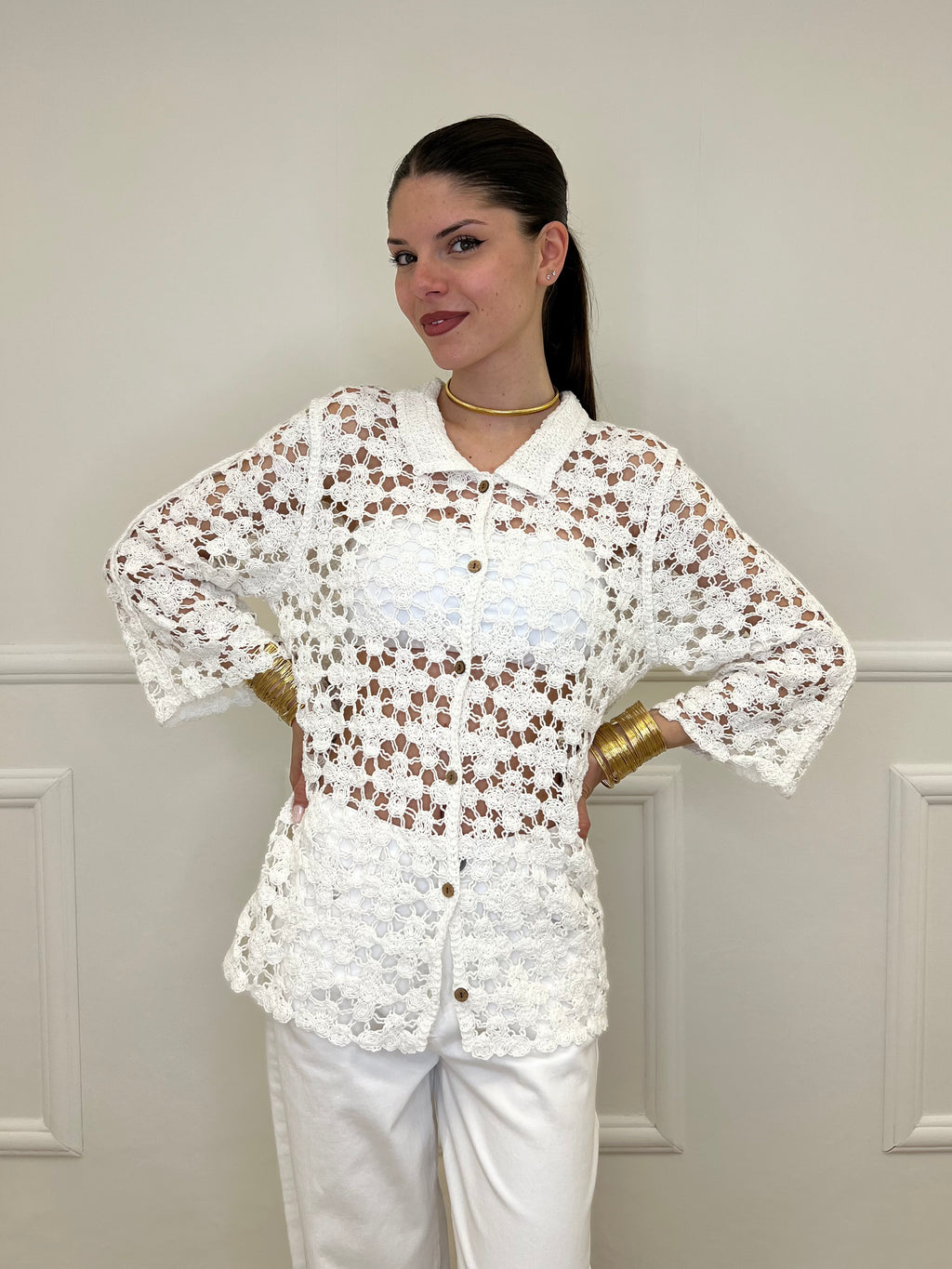 Cardigan Crochet 28116 Bianco