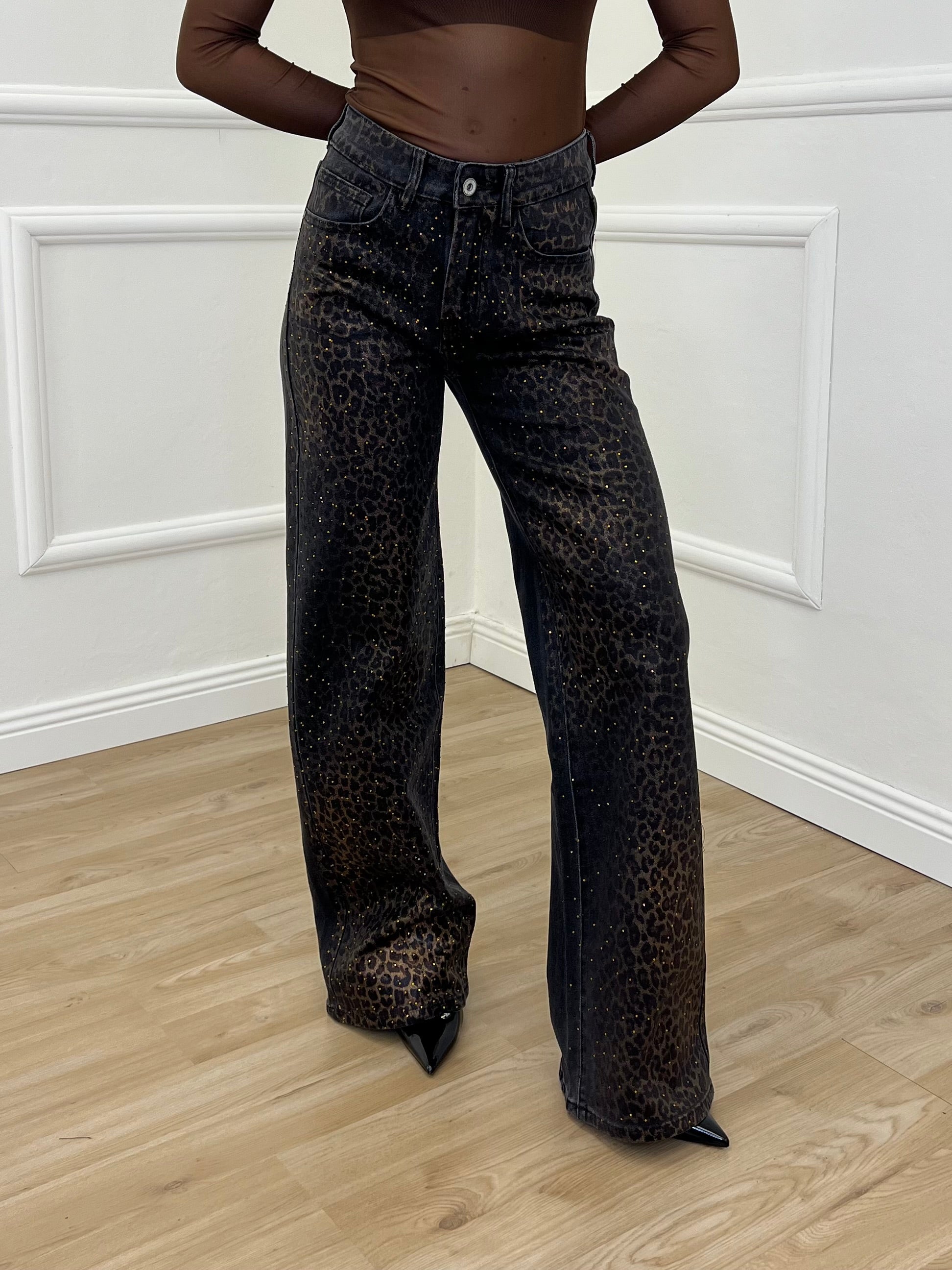 Jeans Spalmato Animalier Strass 9287 Nero
