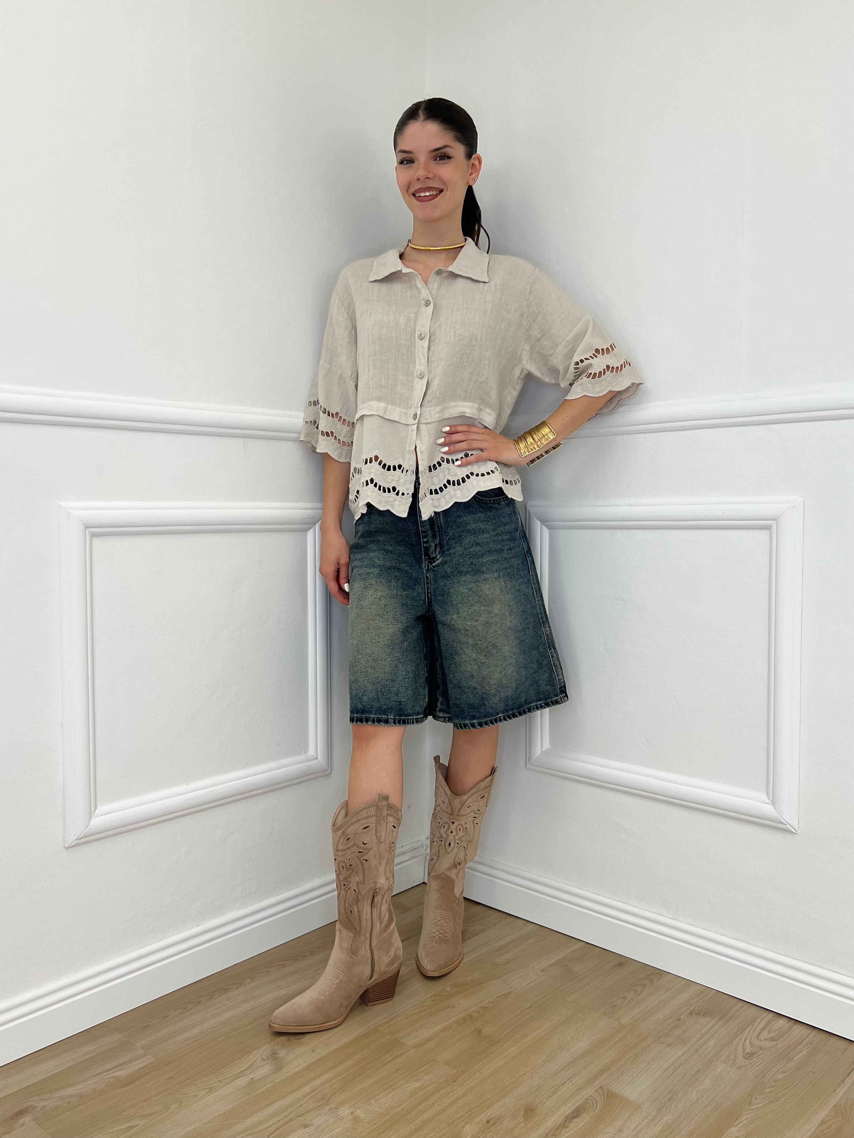 Camicia Lino Maniche Sangallo 1788 Beige