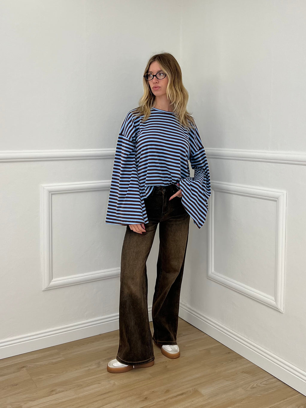 T-shirt Righe Maniche Ampie BM270 Azzurro e Marrone