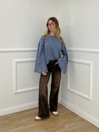 T-shirt Righe Maniche Ampie BM270 Azzurro e Marrone