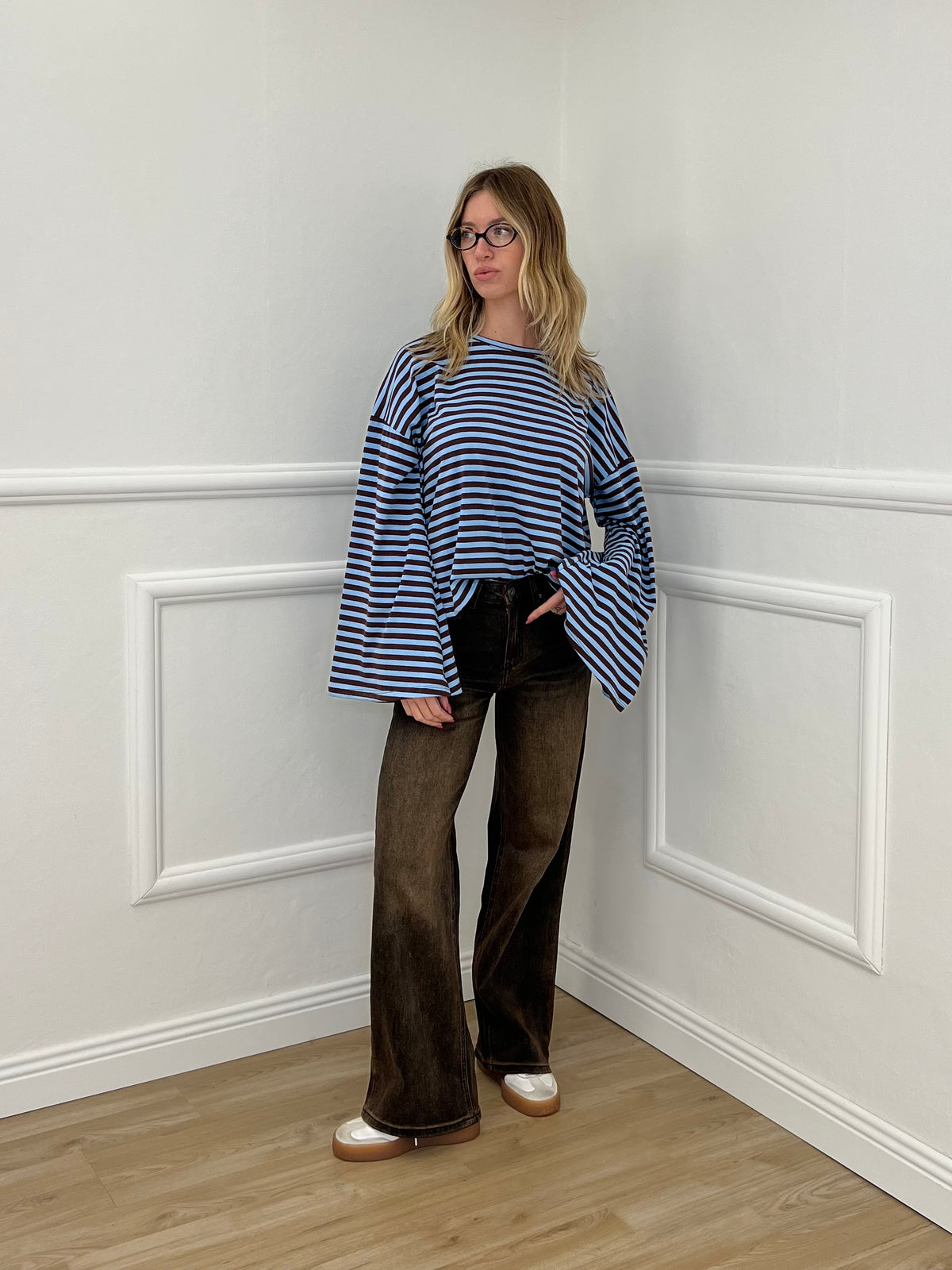 T-shirt Righe Maniche Ampie BM270 Azzurro e Marrone
