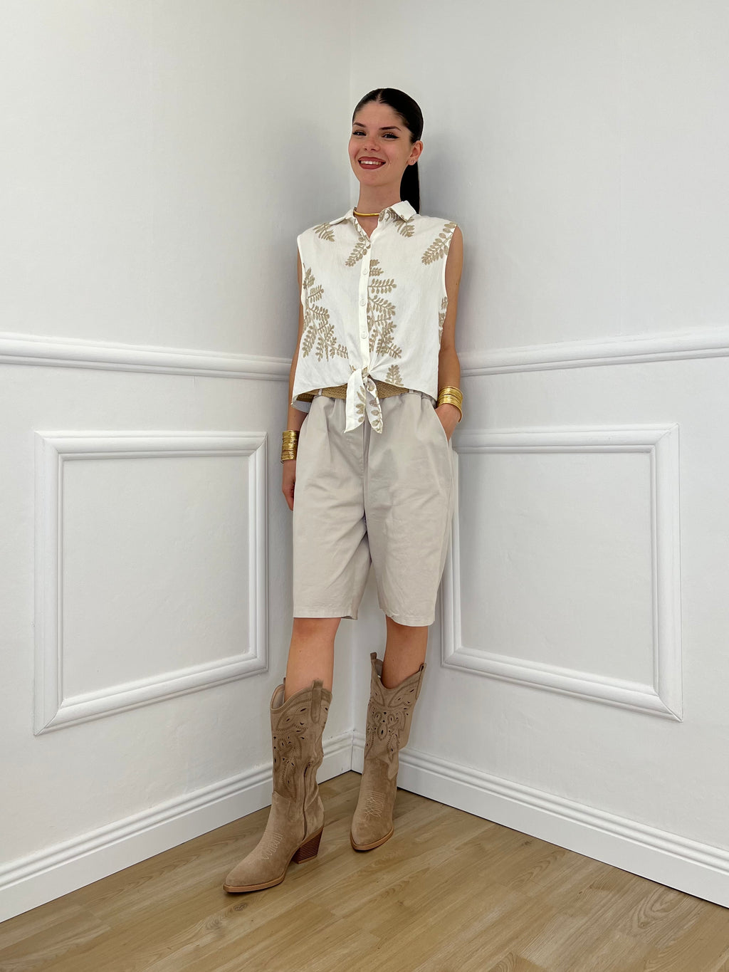 Camicia Smanicata Nodo Lurex 18128 Bianco
