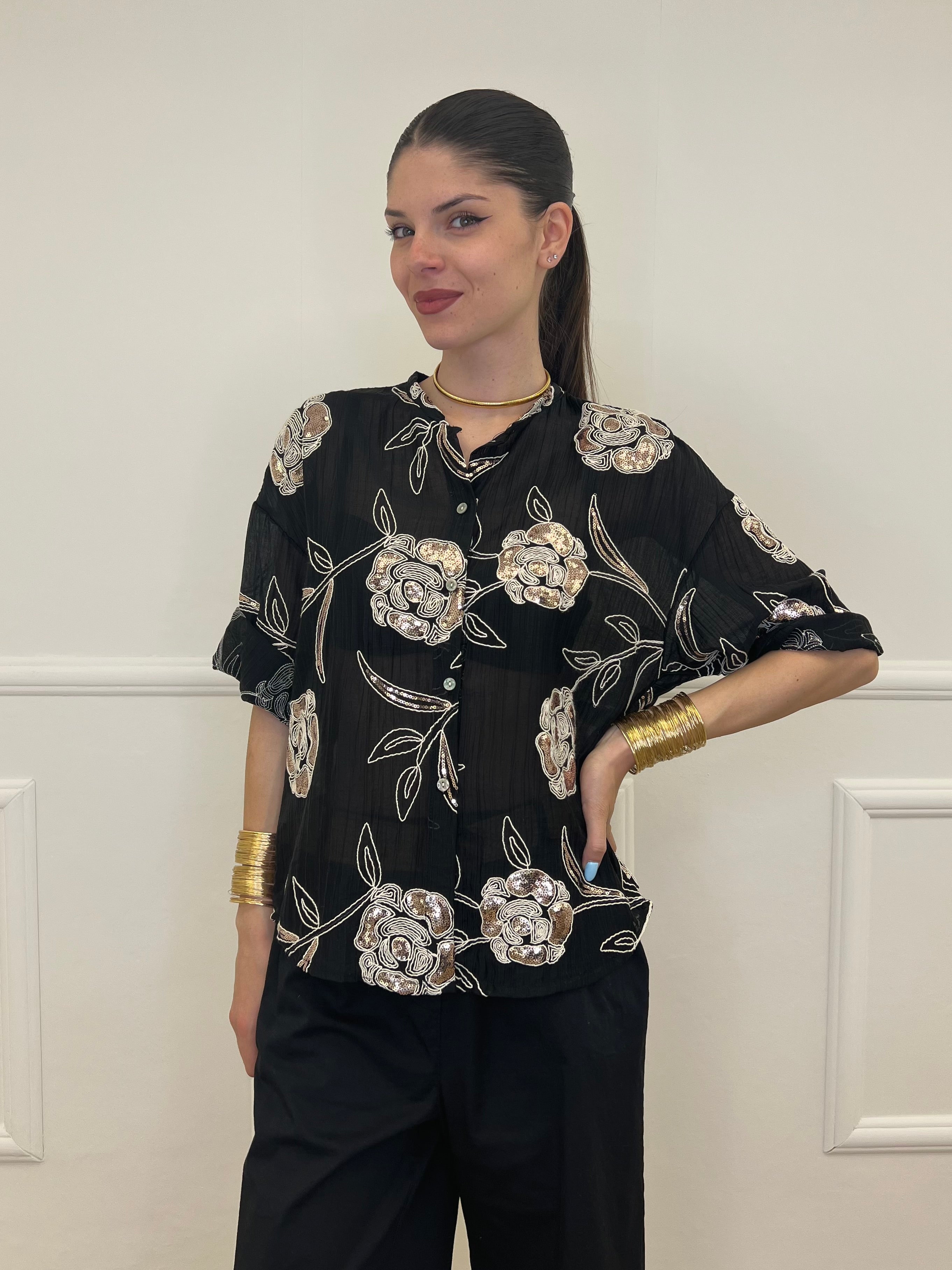 Camicia Strop Ricami e Paillettes 93-A03 Nero