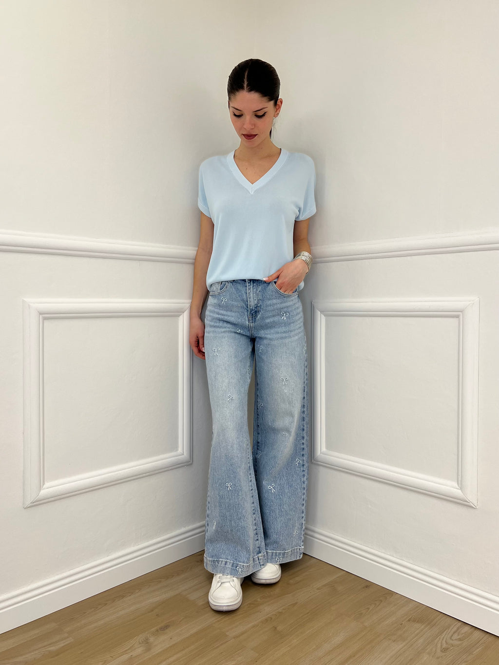 Jeans Con Fiocchi Ricamati e Strass 5354 Azzurro