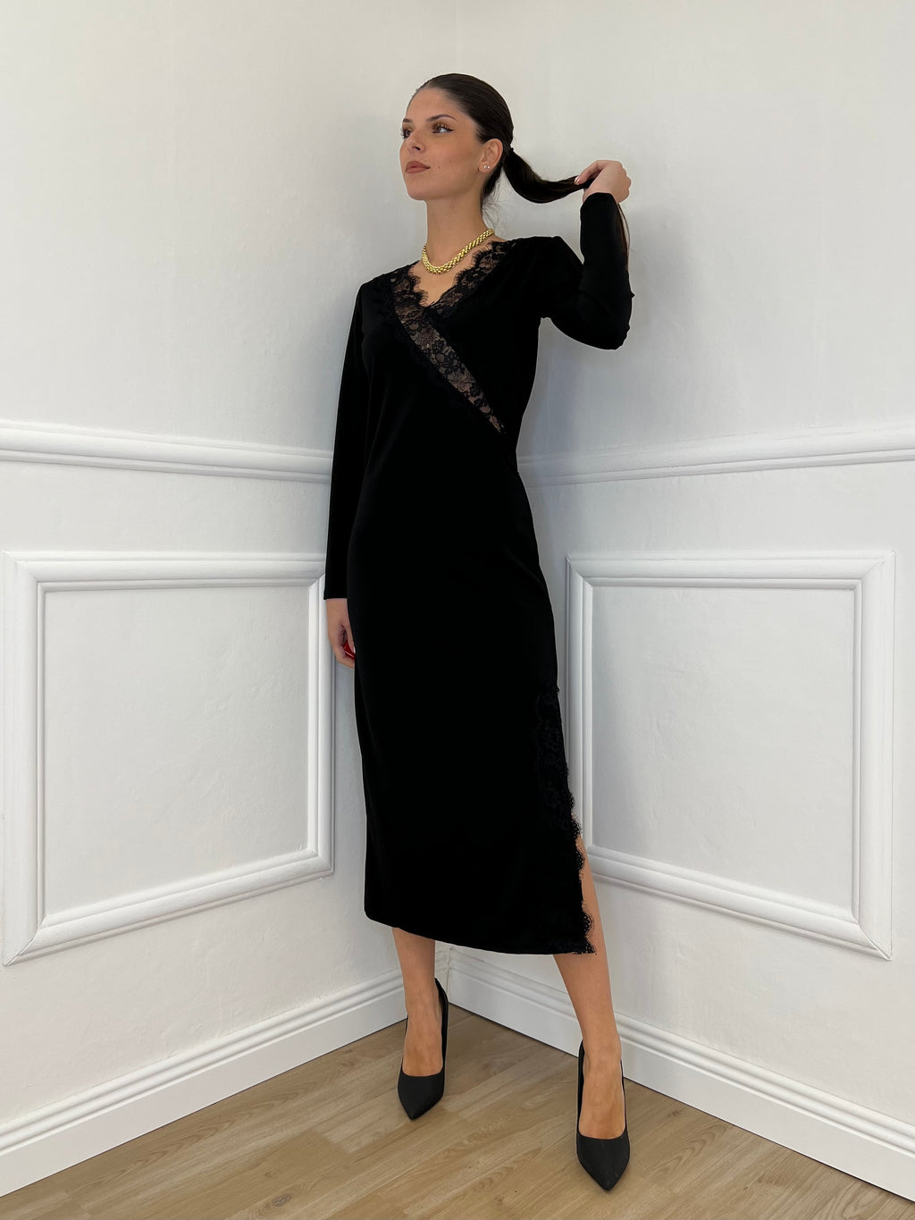 Abito Crepe Pizzo 55743 Nero