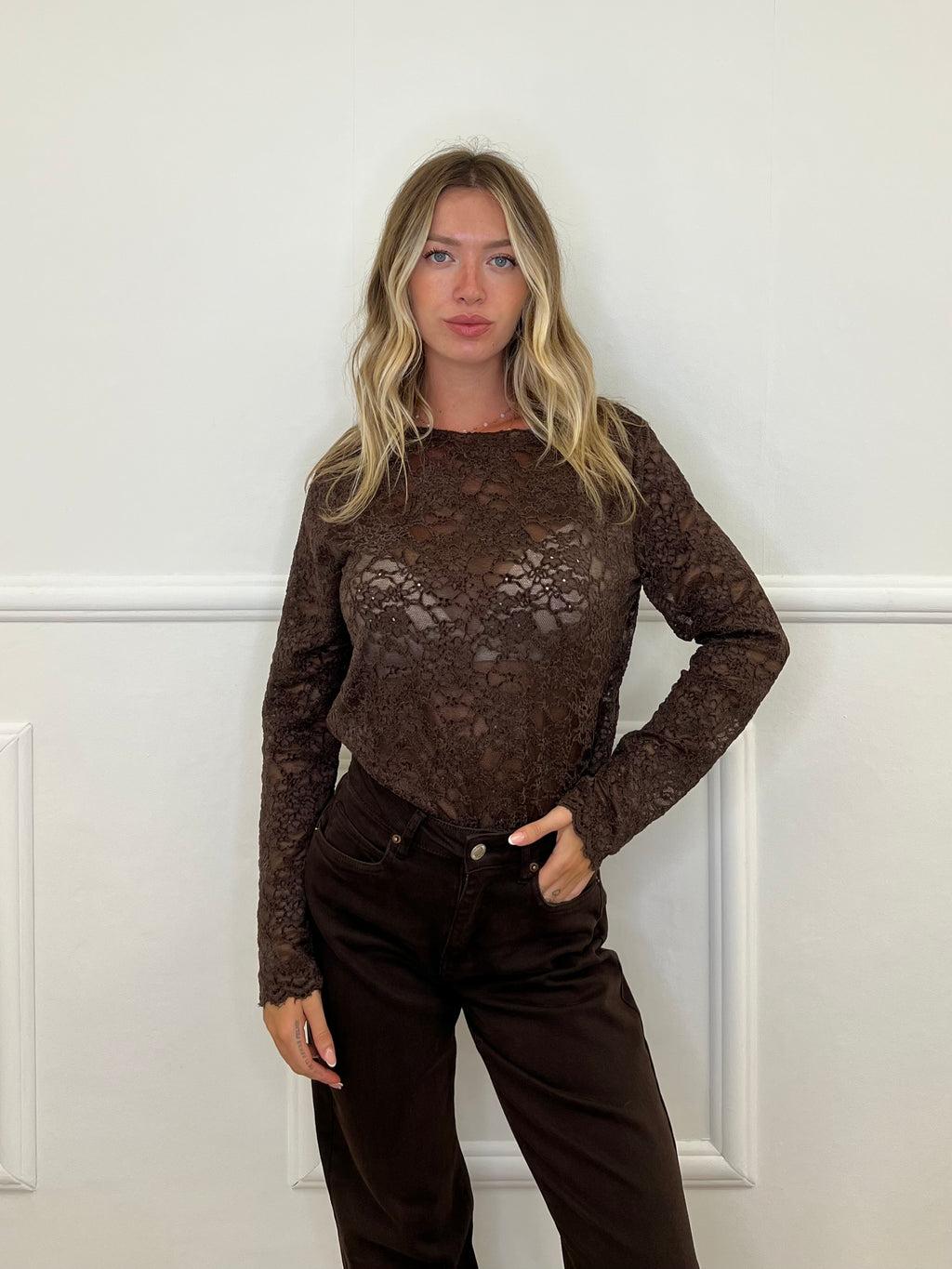 Maglia Pizzo Velluto D28875 Marrone