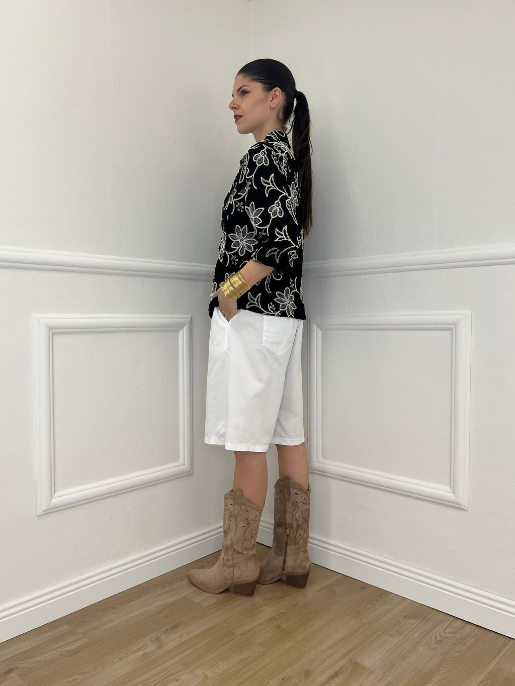 Blazer Ricamato in Lino e Viscosa 11353 Nero