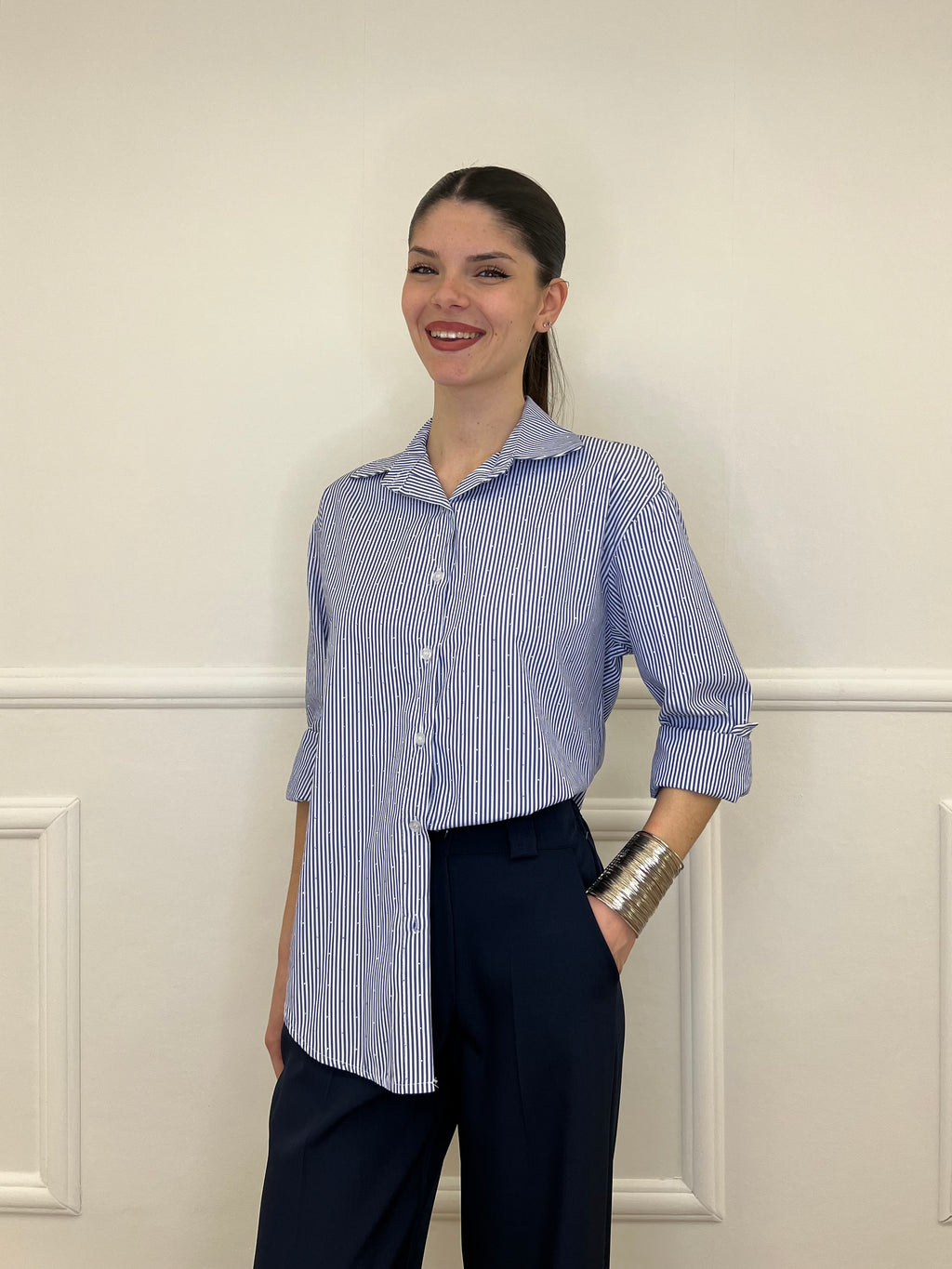 Camicia a Righe Micro Strass 82046 Blu