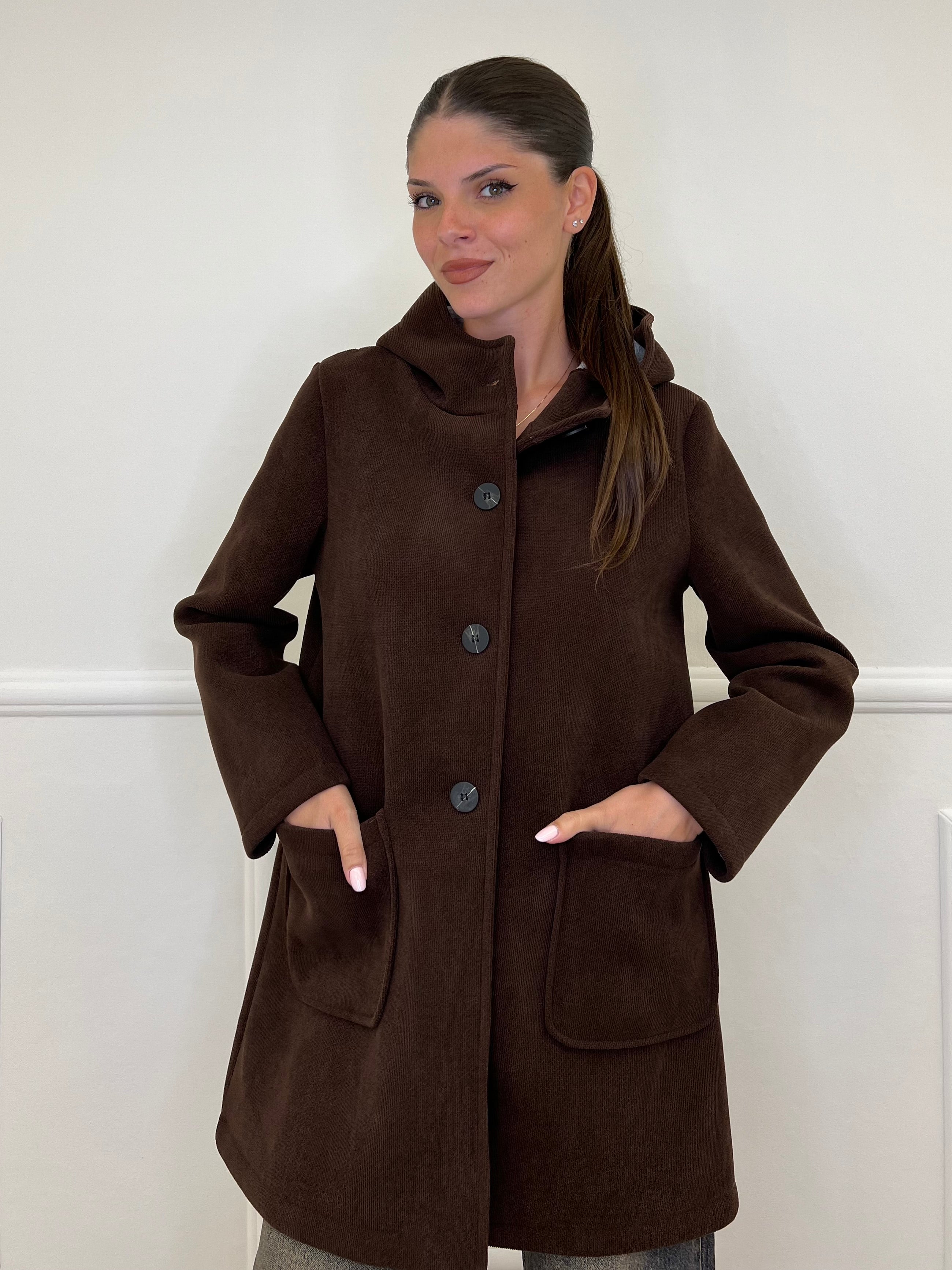 Cappotto Neoprene Cappuccio 25761 Caffè - Bazar Abbigliamento