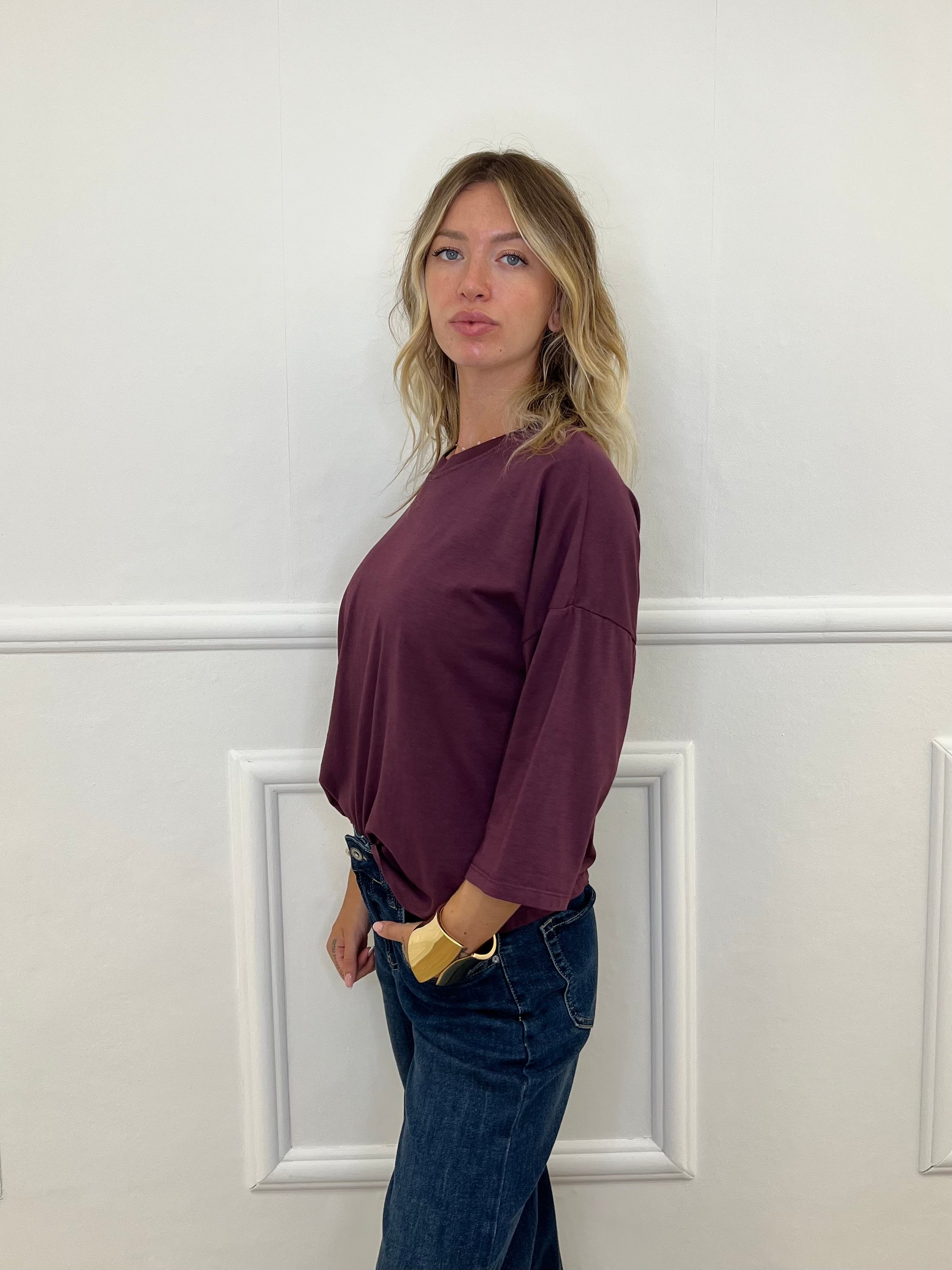 T-shirt Boxy Maniche Lunghe T10512 Burgundy
