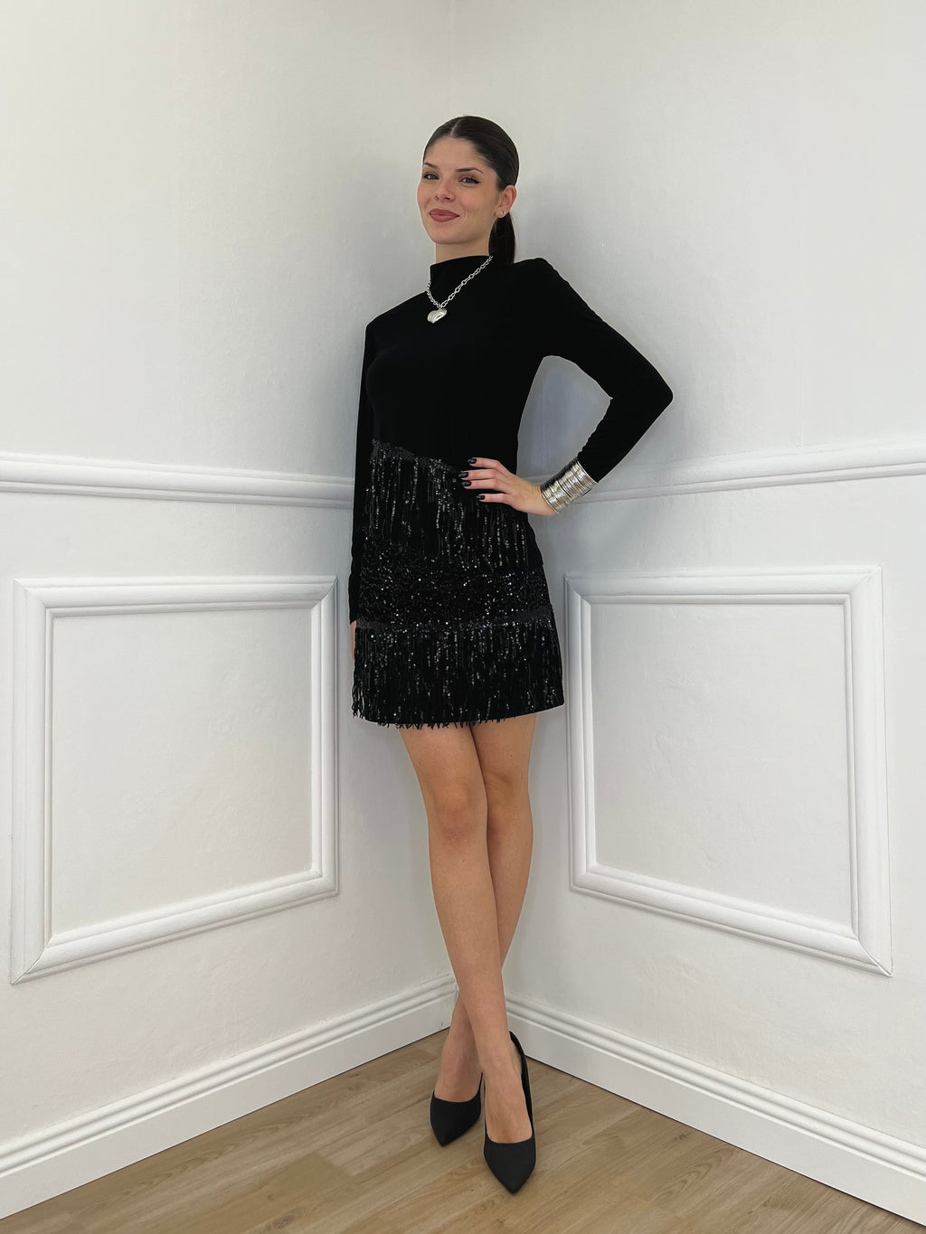 Maglia Frange Paillettes 55867 Nero