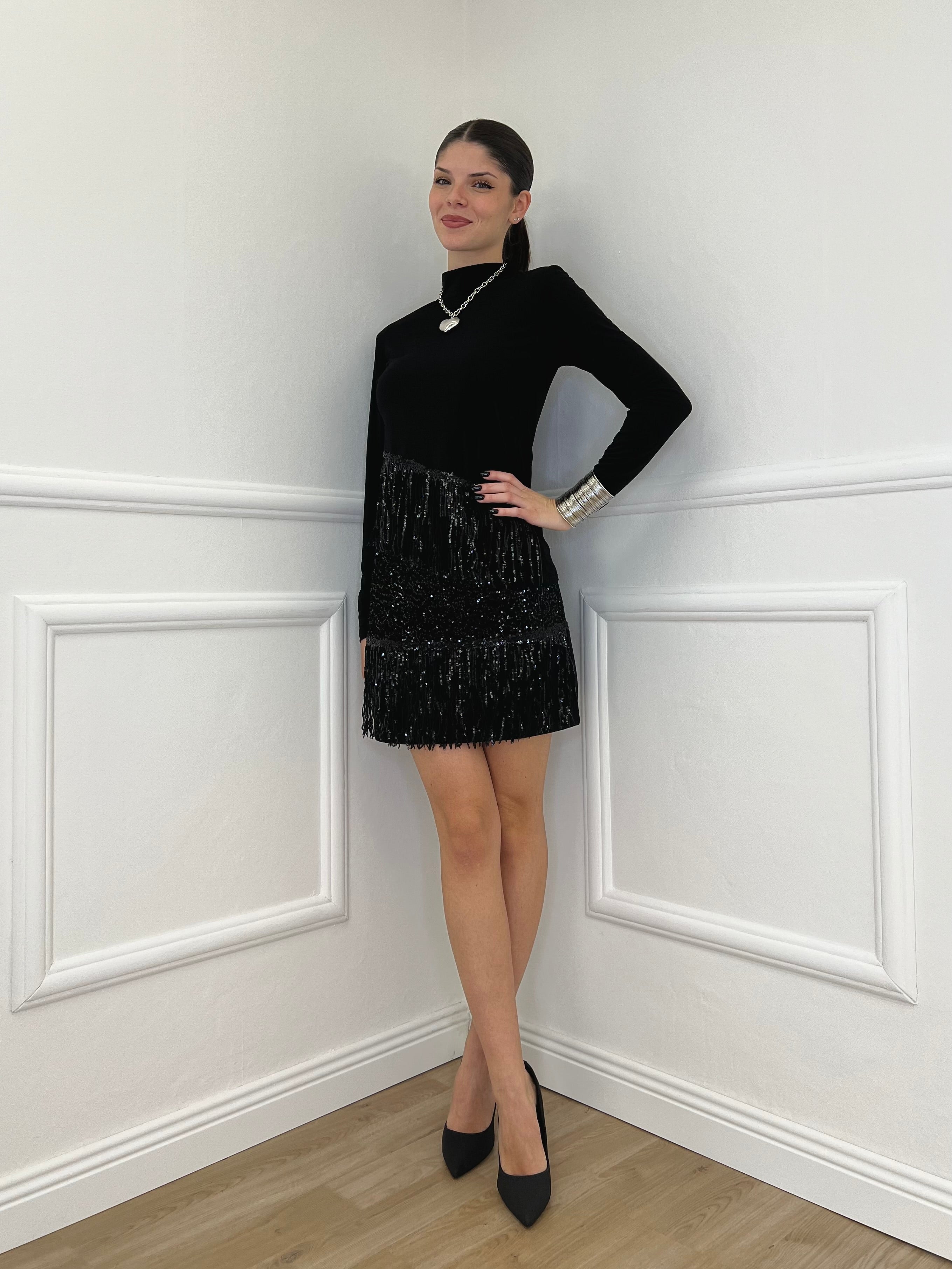 Maglia Frange Paillettes 55867 Nero
