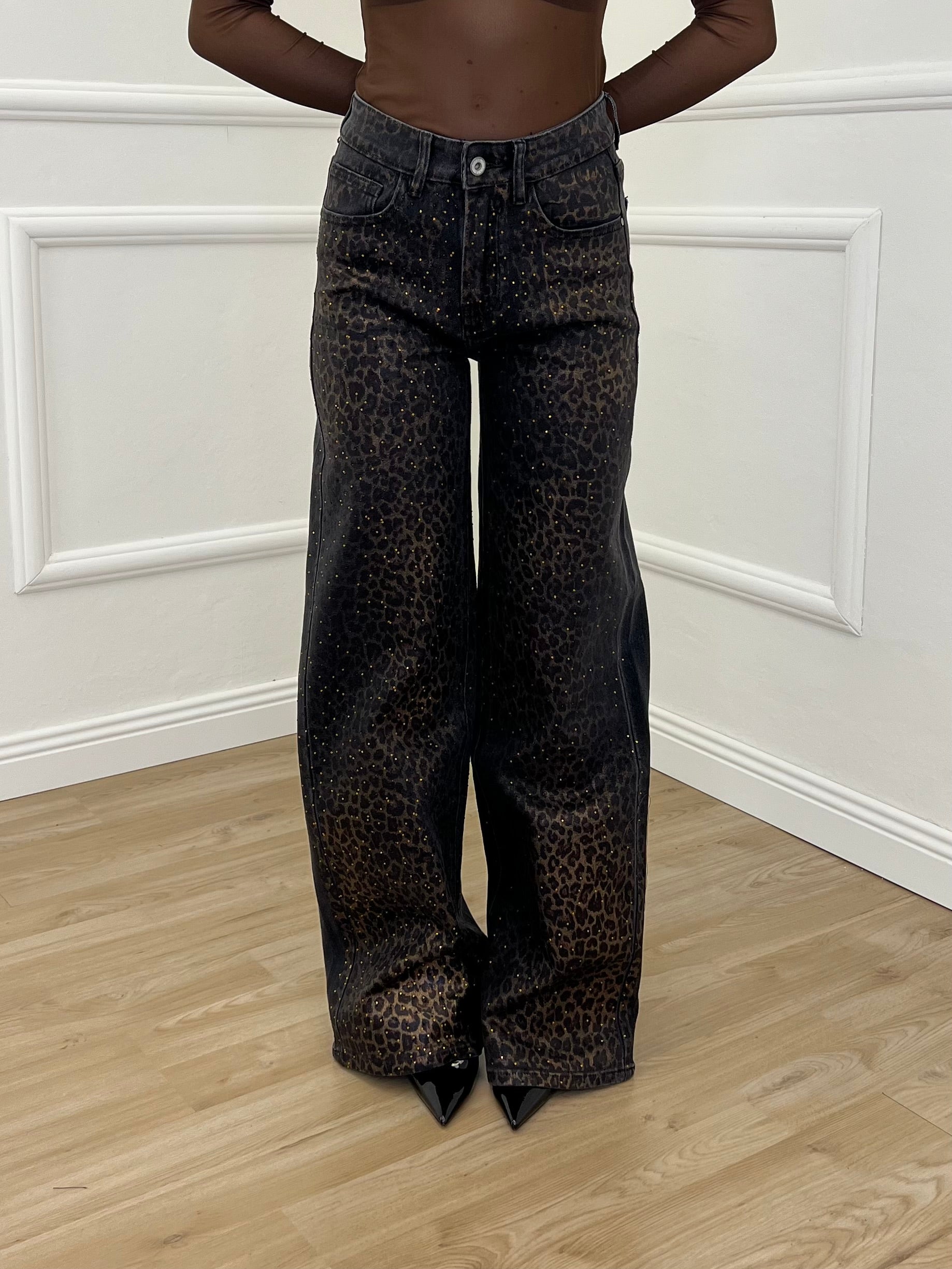 Jeans Spalmato Animalier Strass 9287 Nero