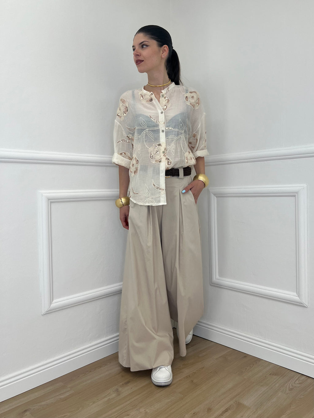 Camicia Strop Ricami e Paillettes 93-A03 Ecru