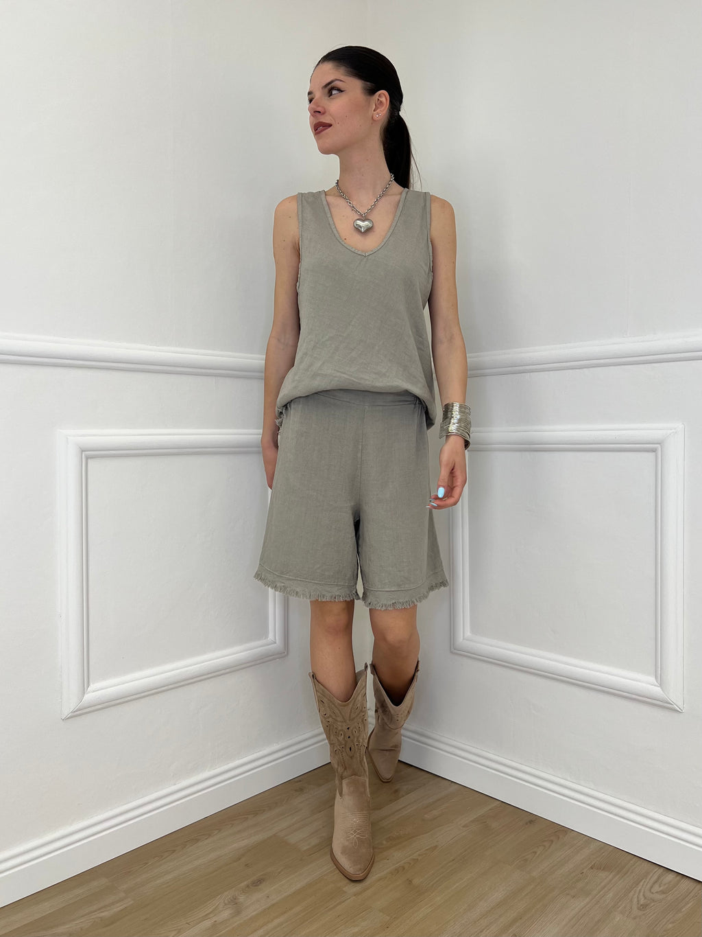 Completo Canotta e Bermuda Misto Lino 10732 Taupe