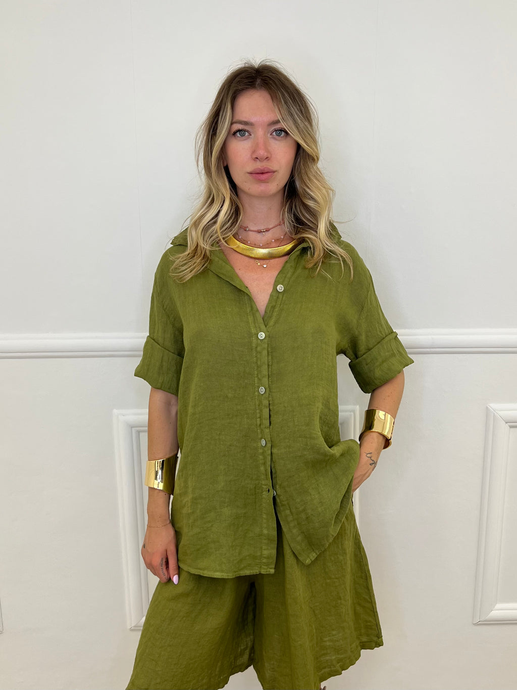 Camicia Over 100% Lino 1789 Verde Olio