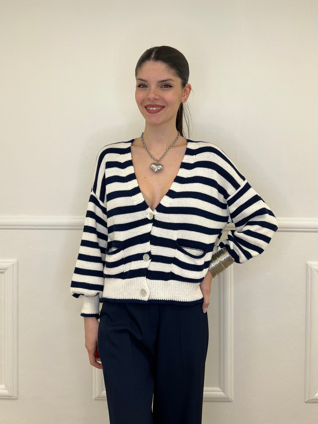 Cardigan Scatoletta Righe 10667 Blu