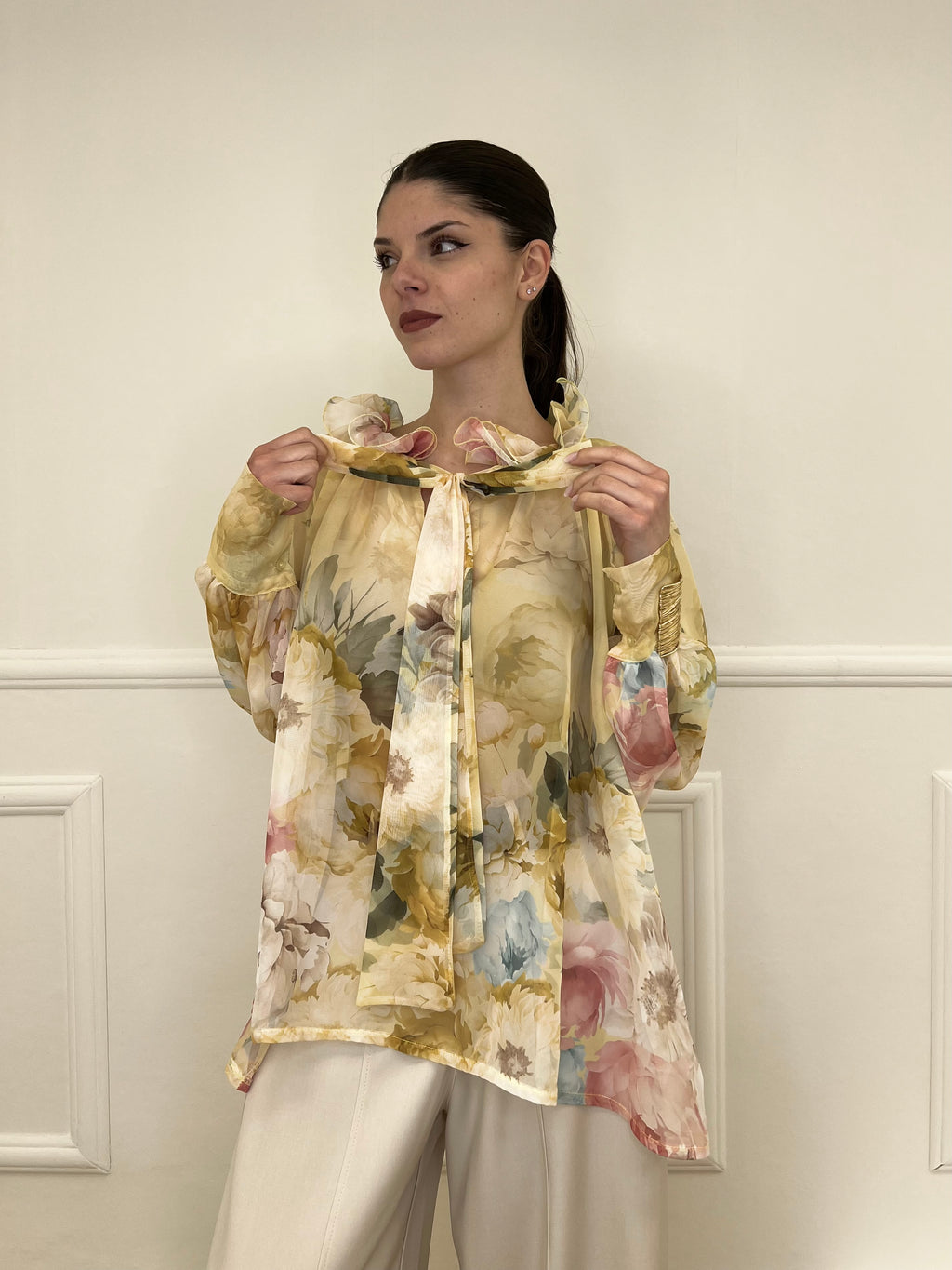 Blusa Voile Fiori Con Fiocco 4284 Giallo