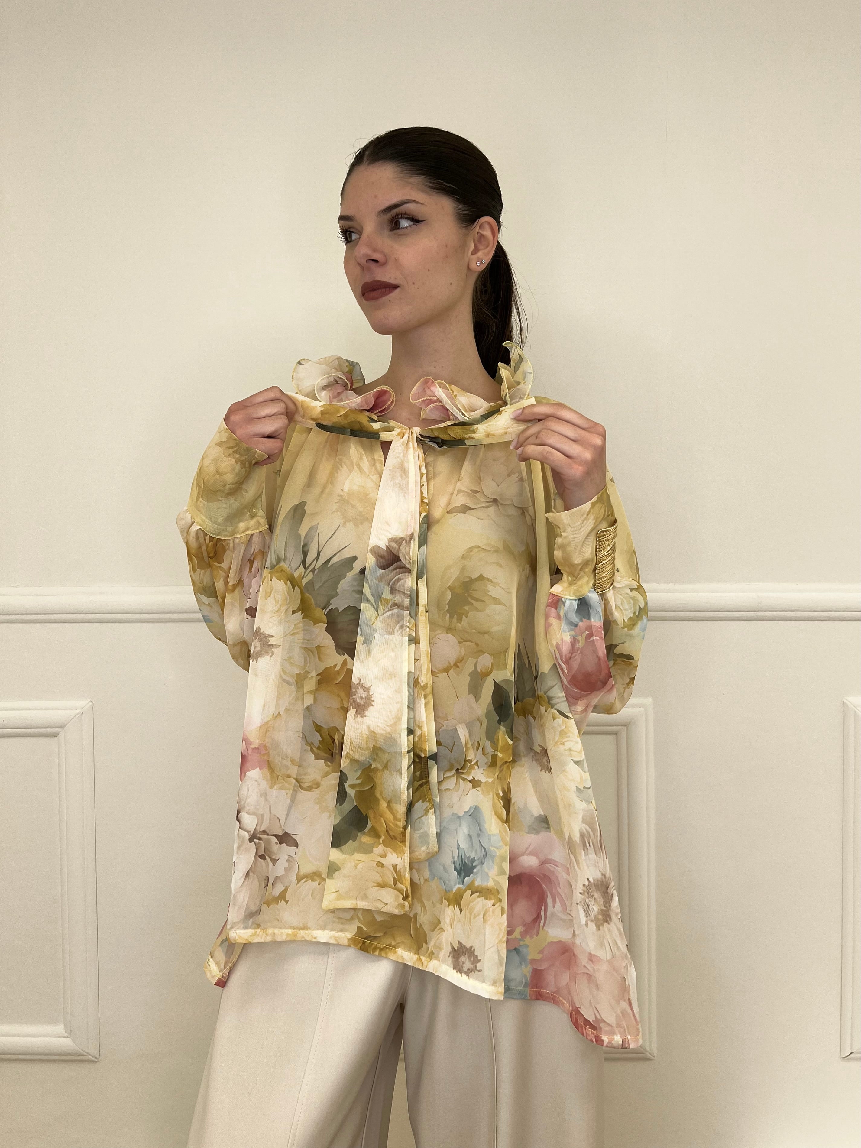 Blusa Voile Fiori Con Fiocco 4284 Giallo