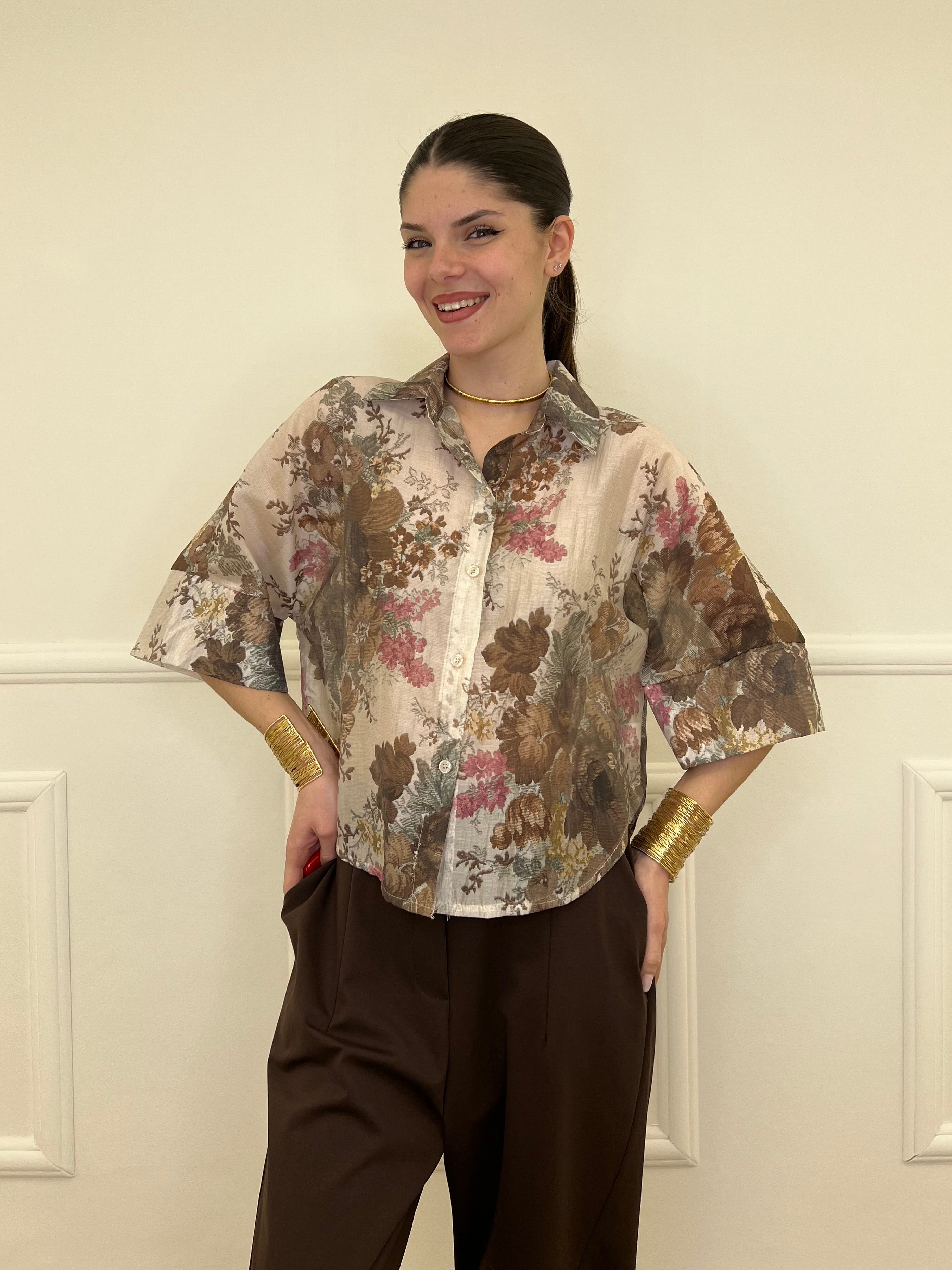 Camicia Tencel Crop Fiori 4099 Marrone