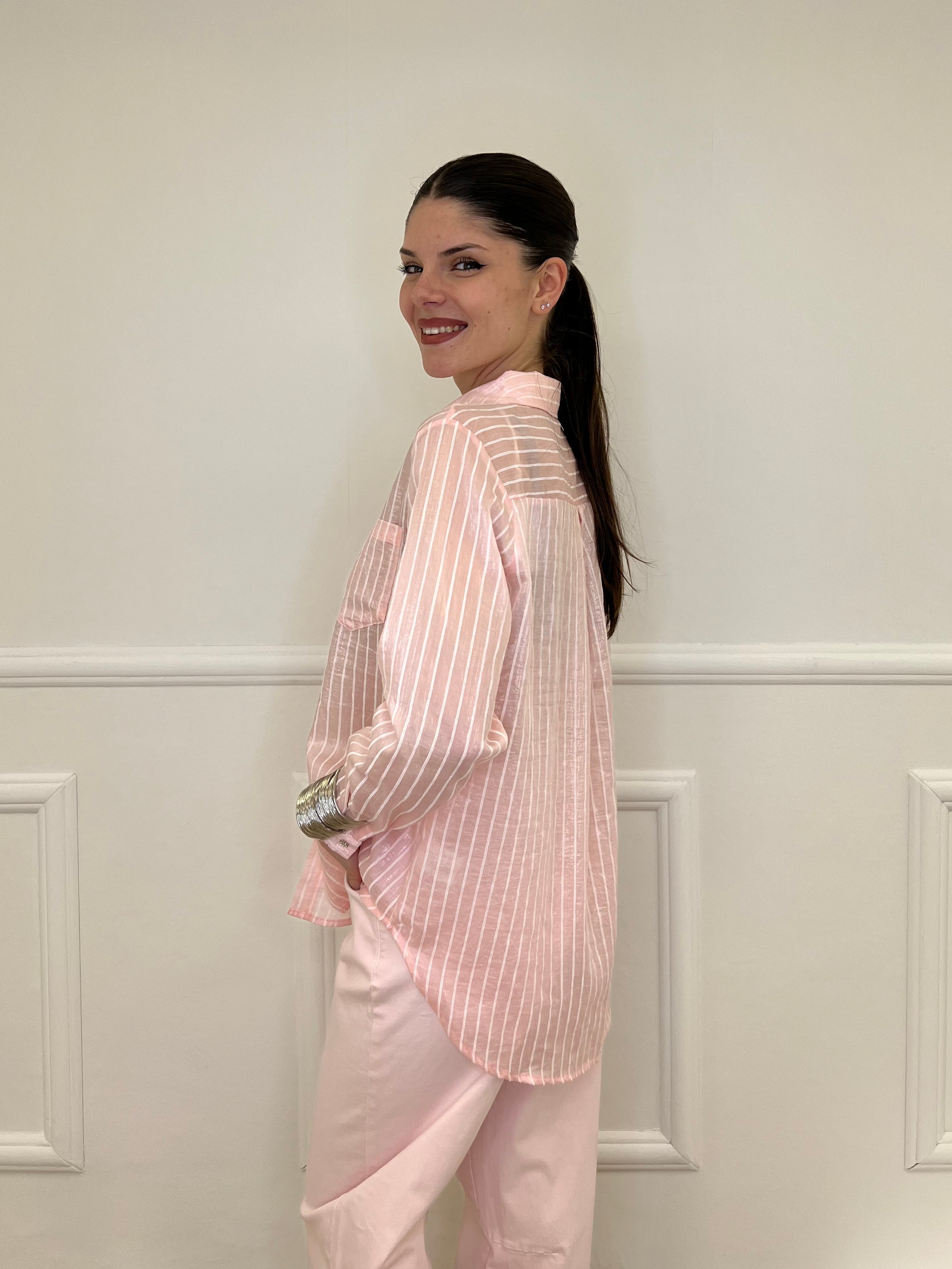 Camicia Tencel Spalmata a Righe 25802 Rosa