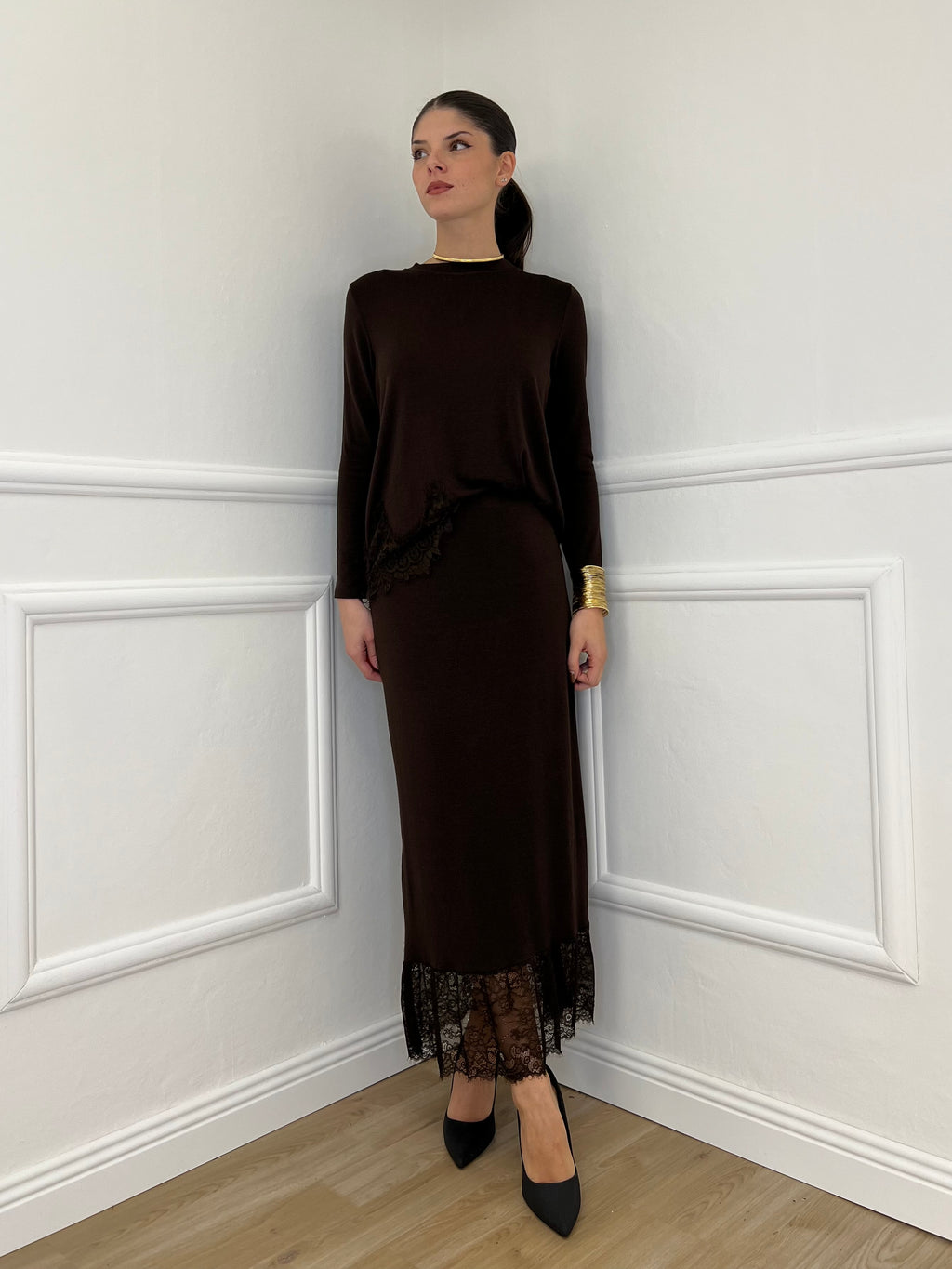 Gonna in Maglia Pizzo 2187 Moro