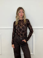 Top in Tulle con Ricamo Floreale 25855 Marrone