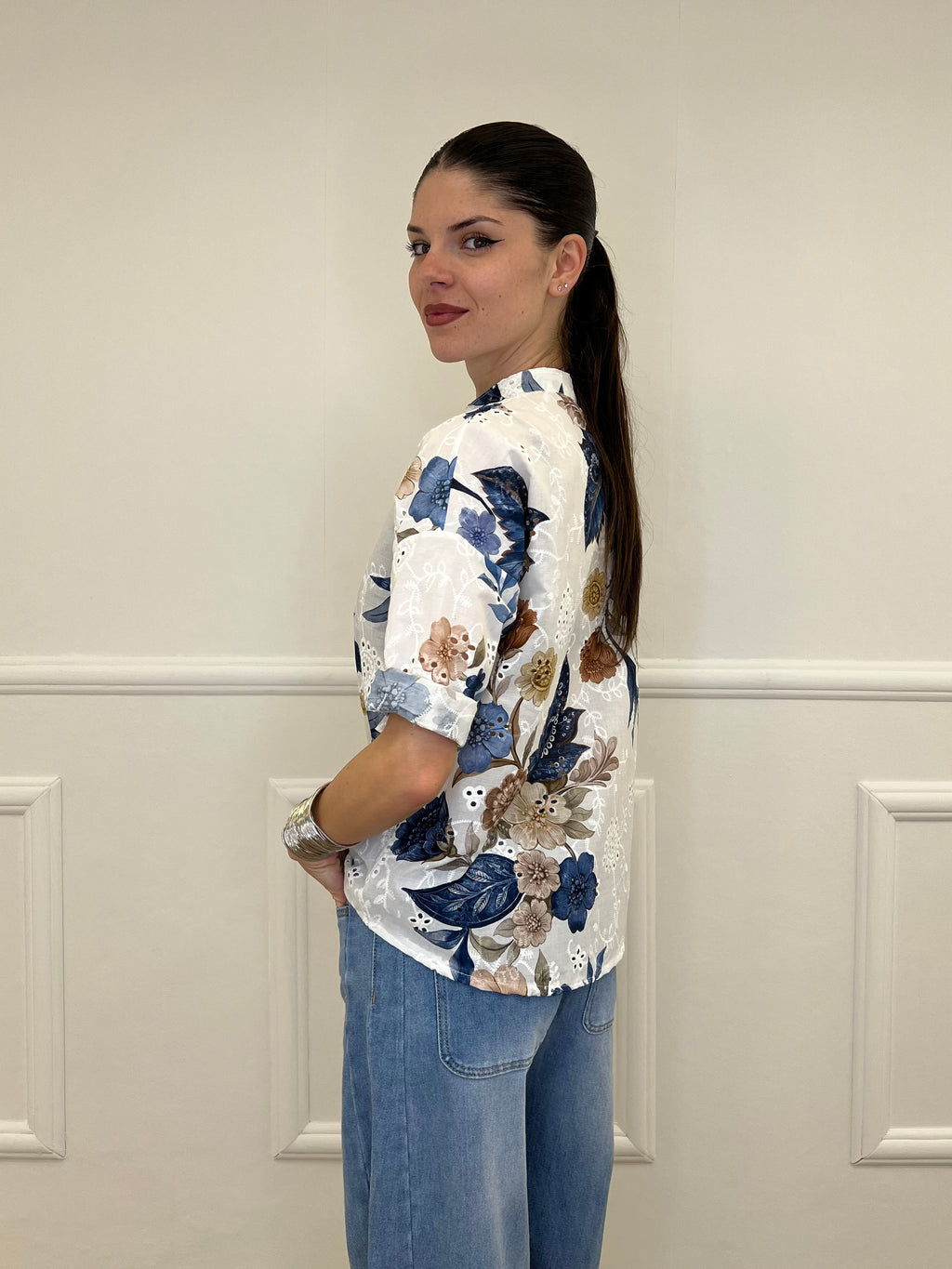 Camicia Fiori Inserti Sangallo 2340 Blu