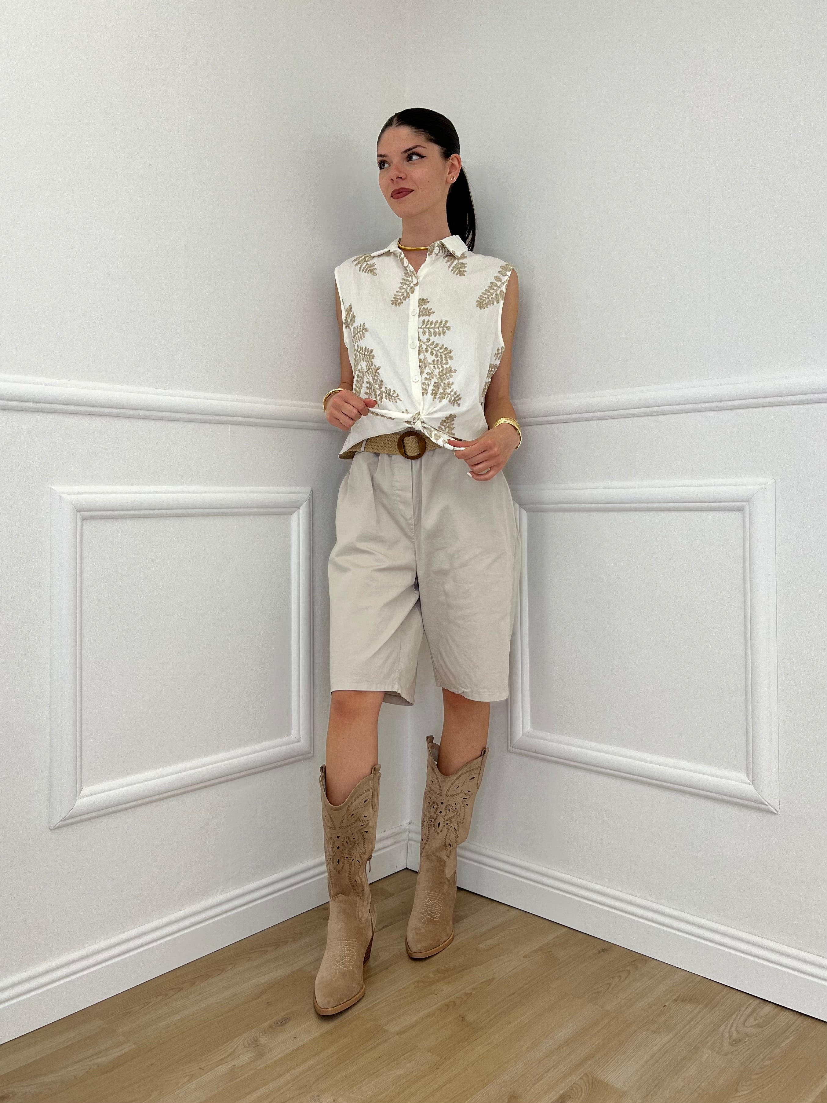Camicia Smanicata Nodo Lurex 18128 Bianco