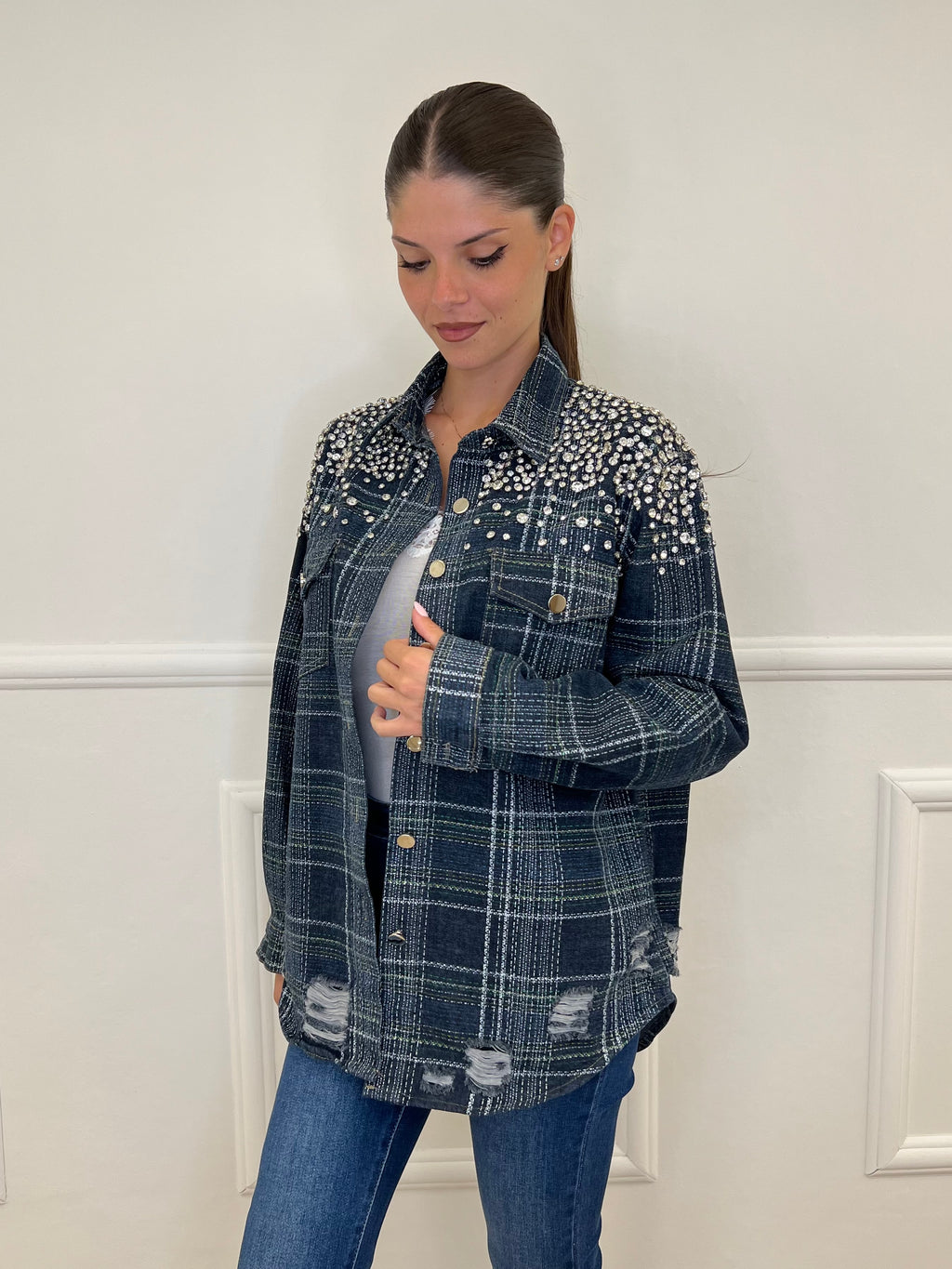 Giacca Denim Check Cristalli MF2530 Blu - Bazar Abbigliamento