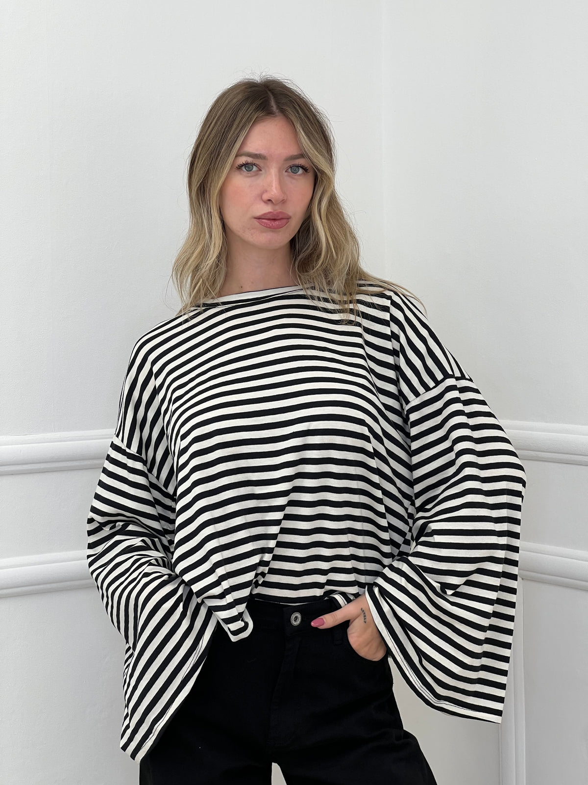 T-shirt Righe Maniche Ampie BM270 Panna e Nero