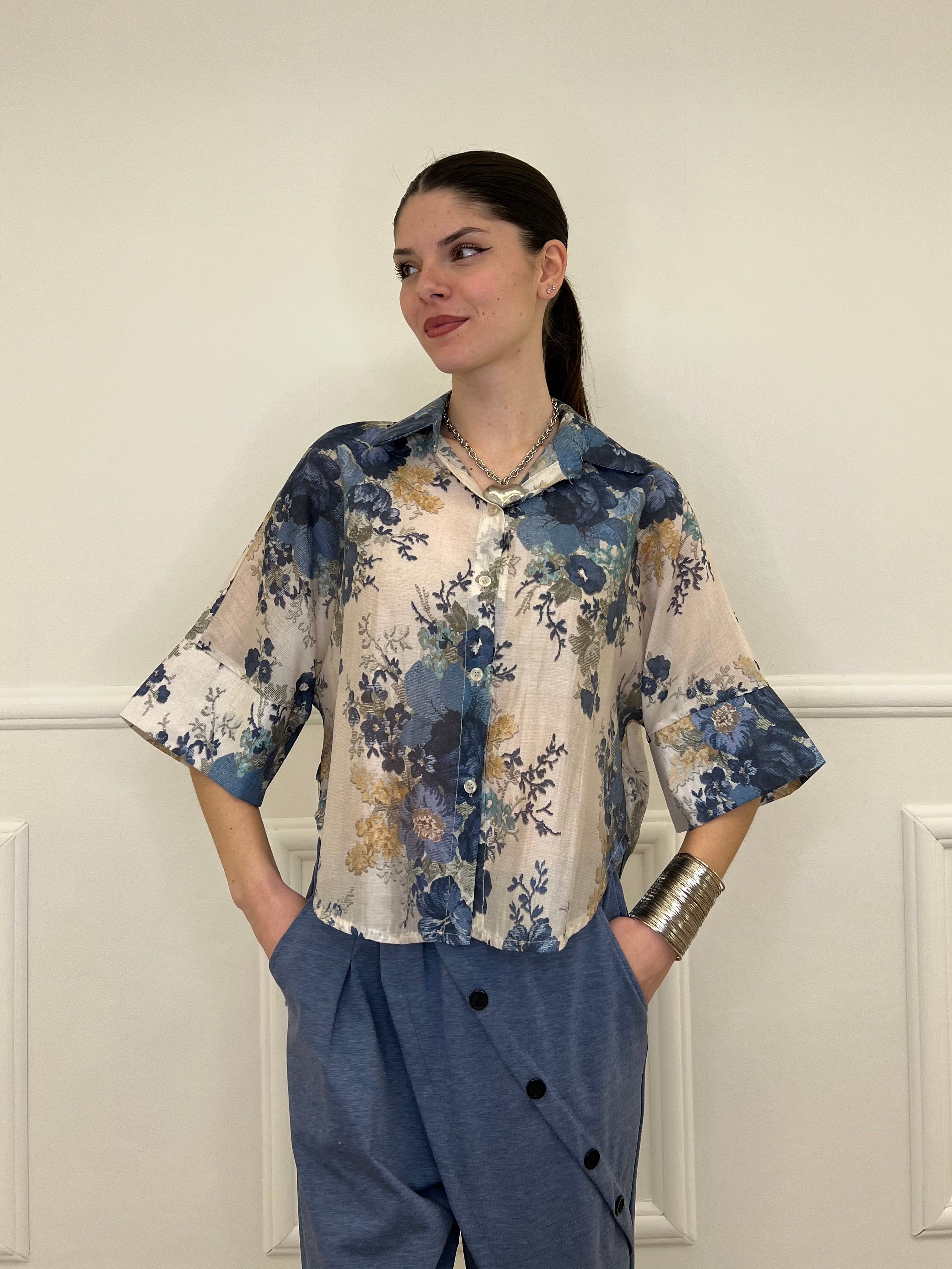 Camicia Tencel Crop Fiori 4099 Blu