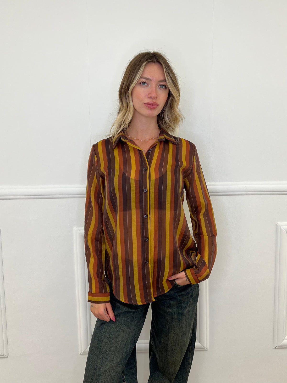 Camicia in Tencel a Righe 3957 Marrone