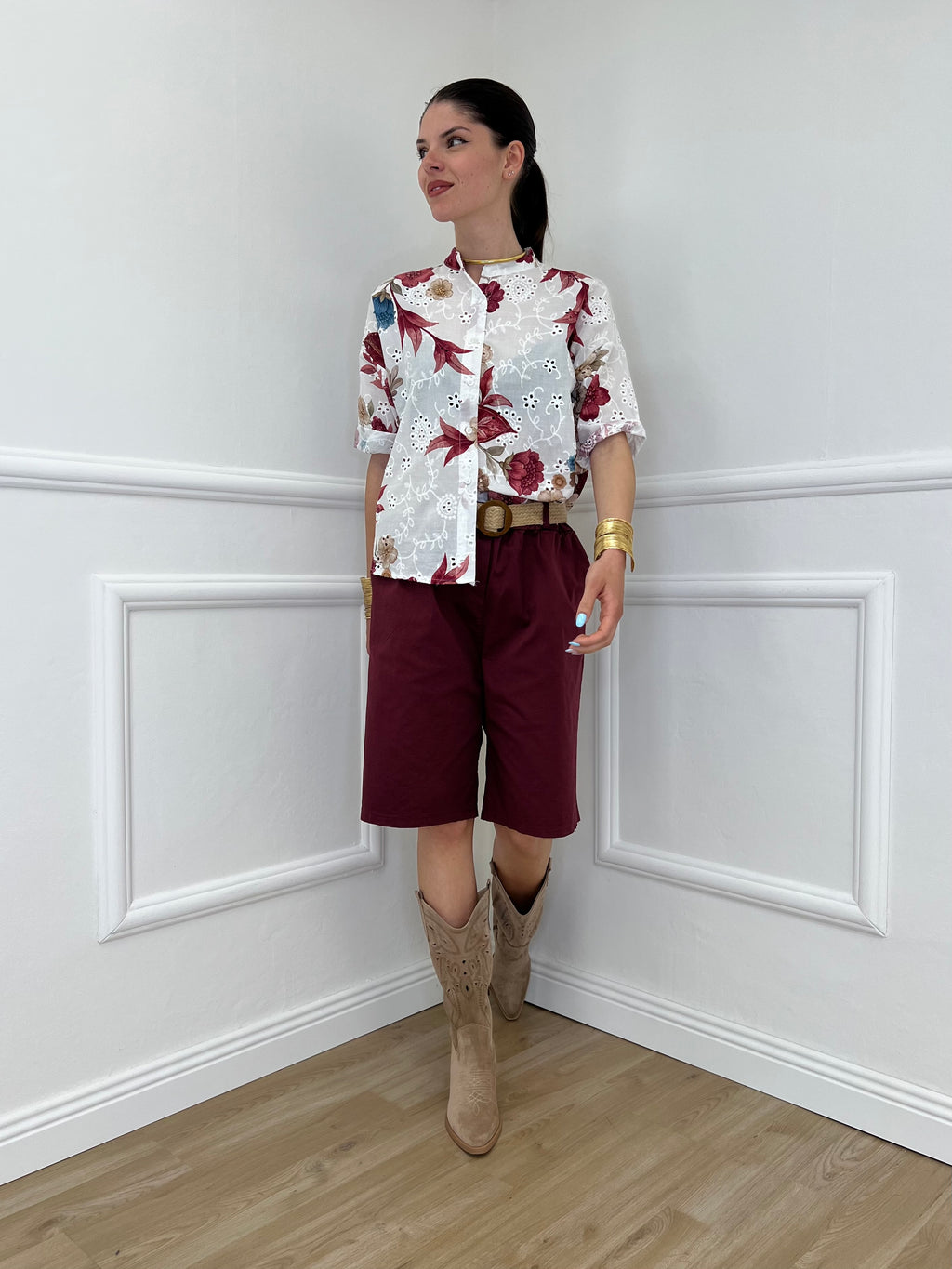 Camicia Fiori Inserti Sangallo 2340 Burgundy
