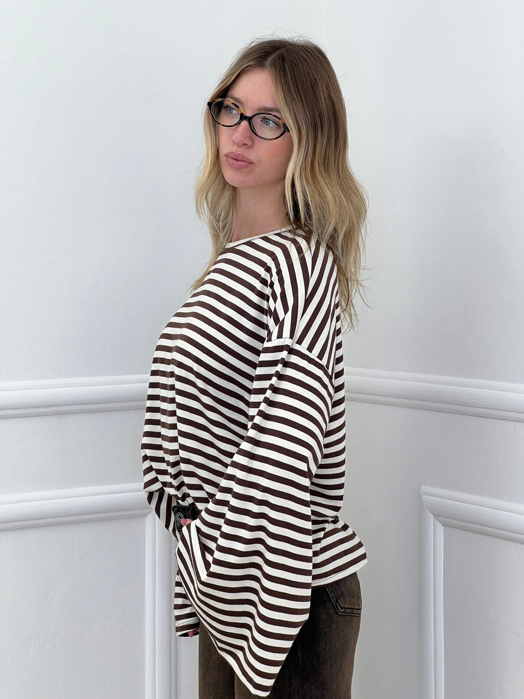 T-shirt Righe Maniche Ampie BM270 Panna e Marrone