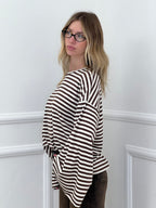 T-shirt Righe Maniche Ampie BM270 Panna e Marrone